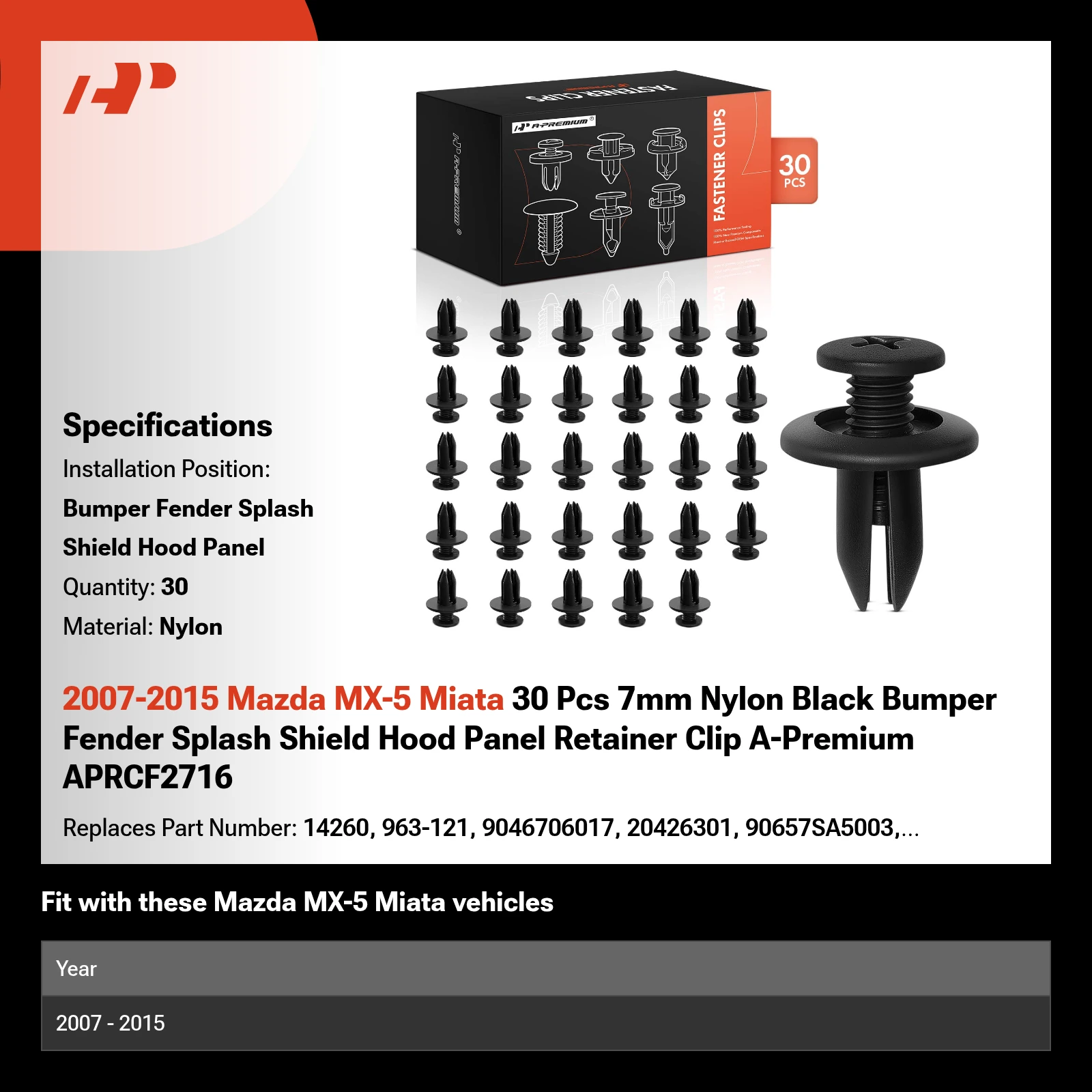 2007-2015 Mazda MX-5 Miata 30 Pcs 7mm Nylon Black Bumper Fender Splash Shield Hood Panel Retainer Clip A-Premium APRCF2716