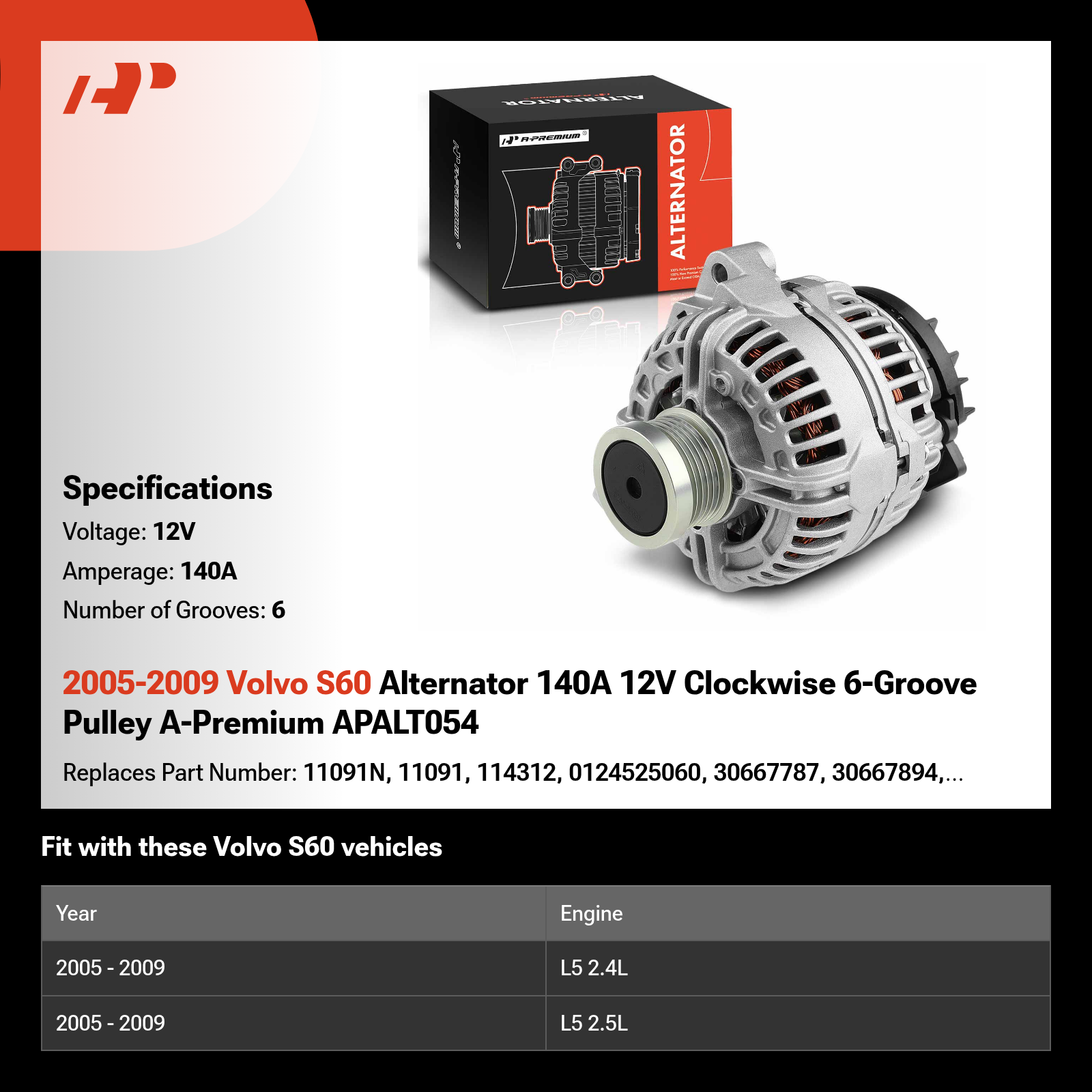 2005-2009 Volvo S60 Alternator 140A 12V Clockwise 6-Groove Pulley A-Premium APALT054