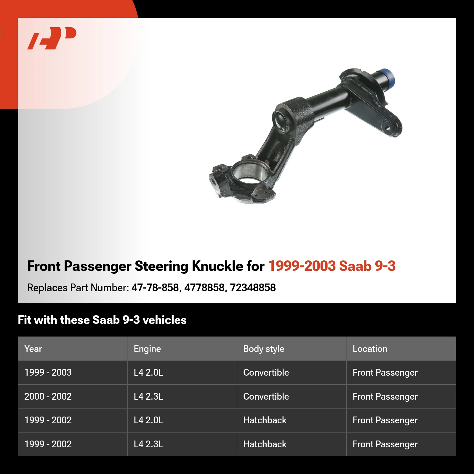Front Passenger Steering Knuckle for 1999-2003 Saab 9-3