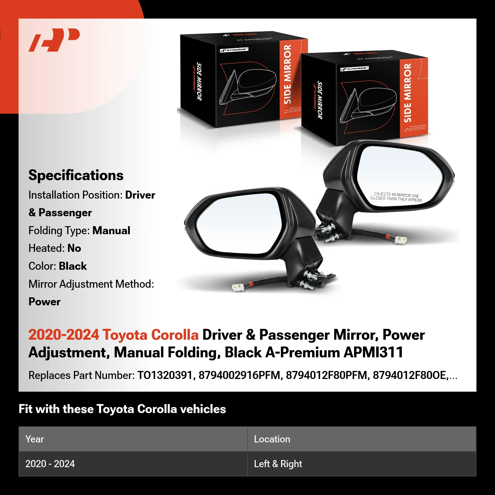 2020-2024 Toyota Corolla Driver & Passenger Mirror, Power Adjustment, Manual Folding, Black A-Premium APMI311