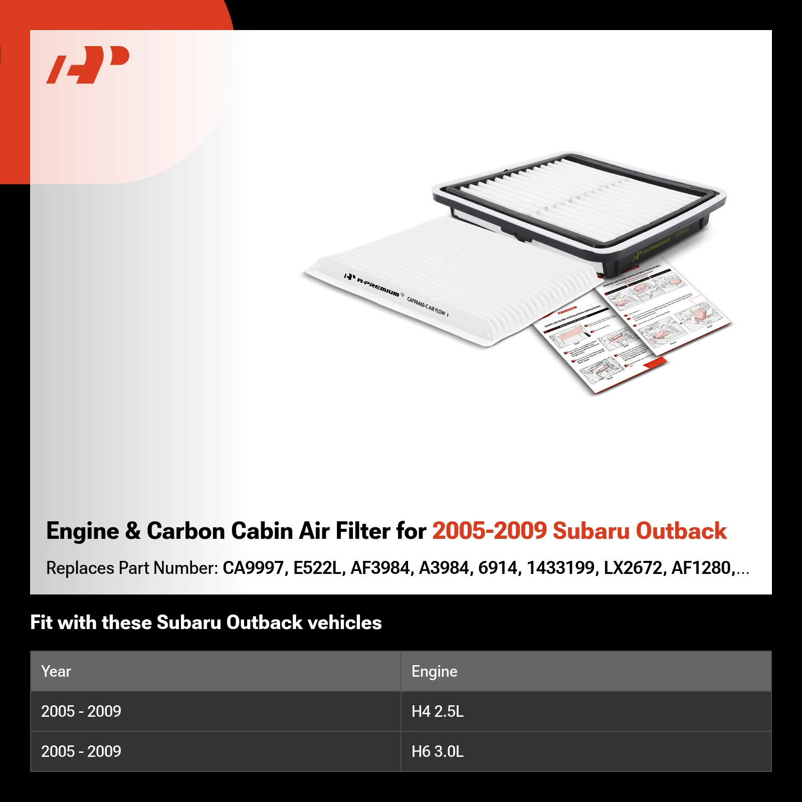 Engine & Carbon Cabin Air Filter for 2005-2009 Subaru Outback