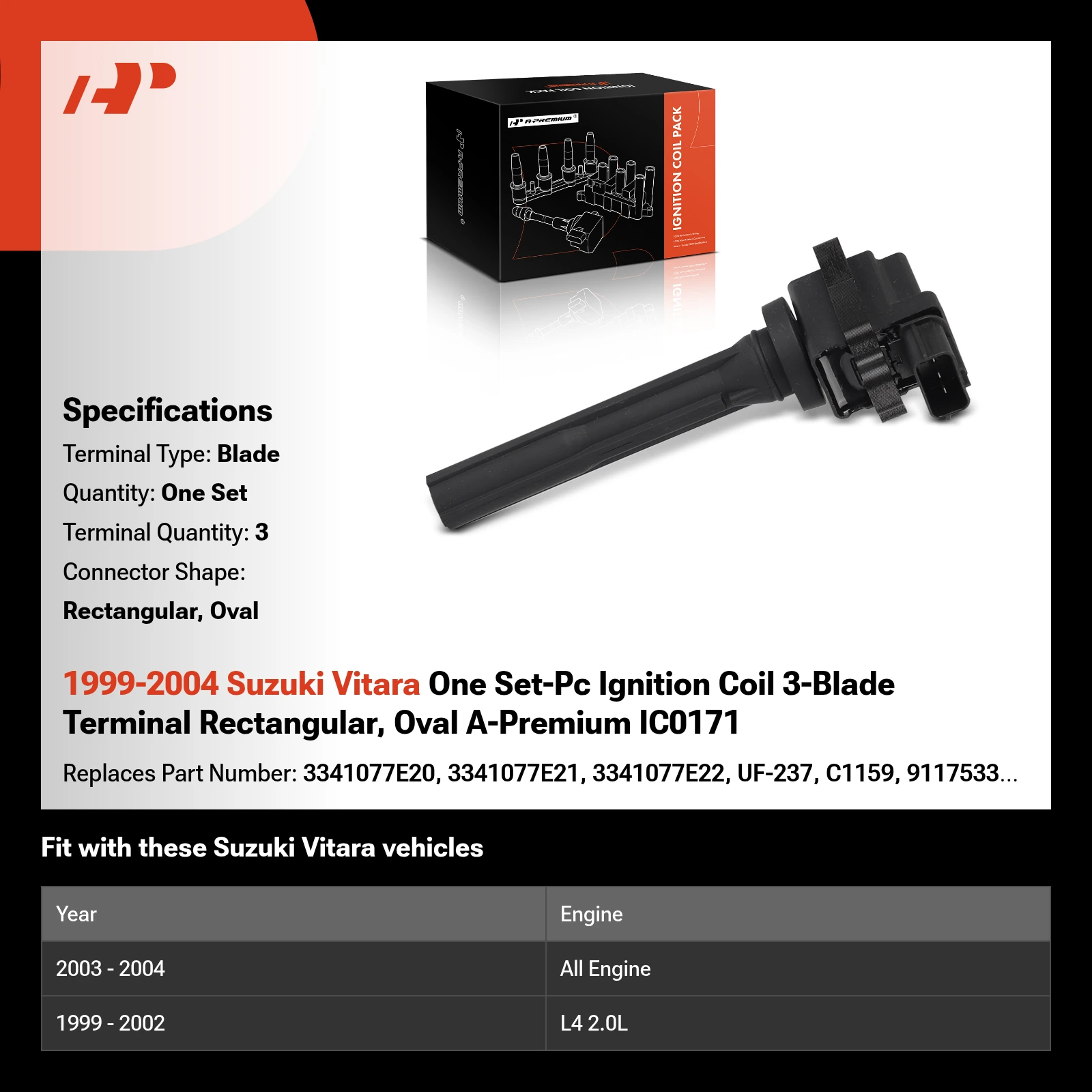 1999-2004 Suzuki Vitara One Set-Pc Ignition Coil 3-Blade Terminal Rectangular, Oval A-Premium IC0171