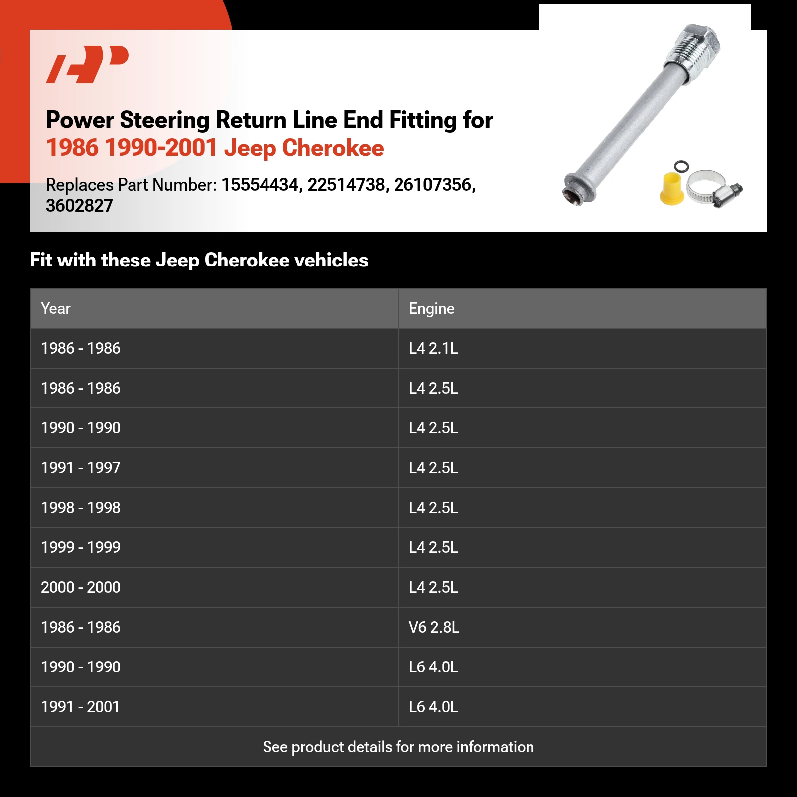 Power Steering Return Line End Fitting for 1986 1990-2001 Jeep Cherokee