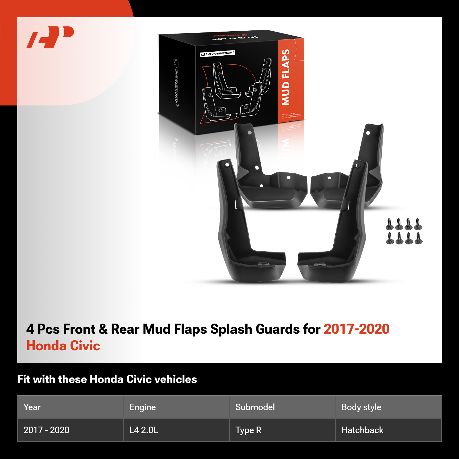 4 Pcs Front & Rear Mud Flaps Splash Guards for 2017-2020 Honda Civic