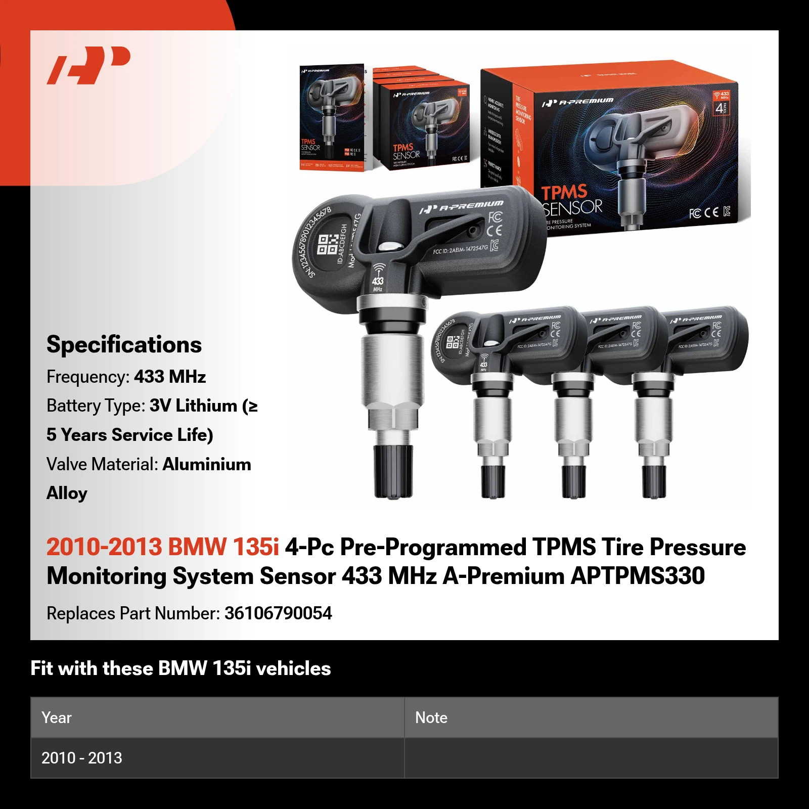 2010-2013 BMW 135i 4-Pc Pre-Programmed TPMS Tire Pressure Monitoring System Sensor 433 MHz A-Premium APTPMS330