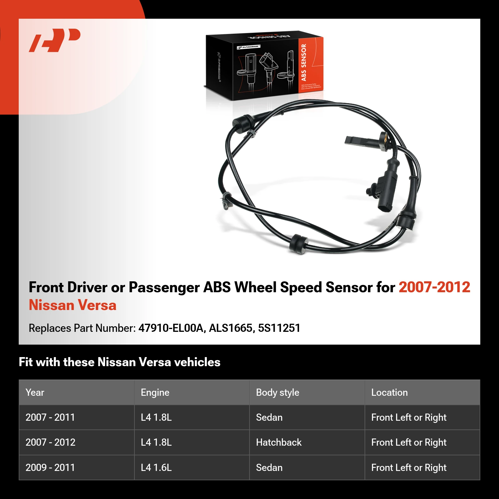 Front Driver or Passenger ABS Wheel Speed Sensor for 2007-2012 Nissan Versa