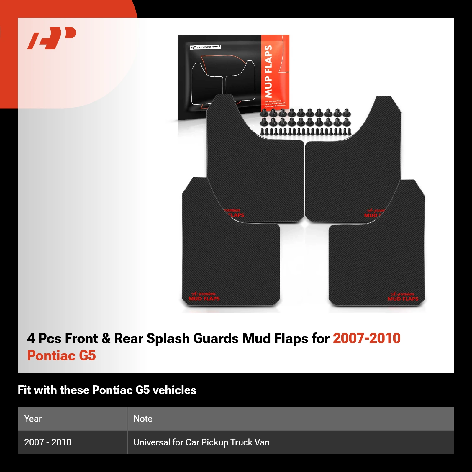 4 Pcs Front & Rear Splash Guards Mud Flaps for 2007-2010 Pontiac G5