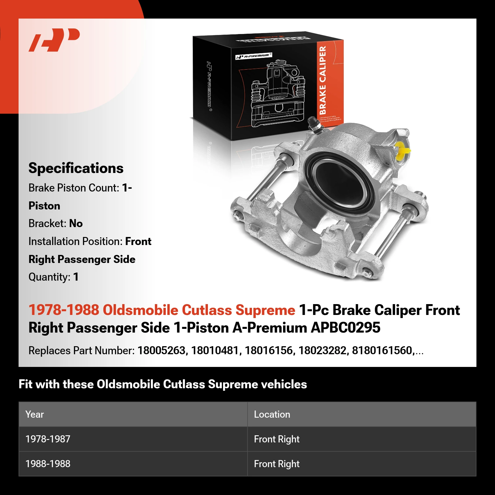 1978-1988 Oldsmobile Cutlass Supreme 1-Pc Brake Caliper Front Right Passenger Side 1-Piston A-Premium APBC0295