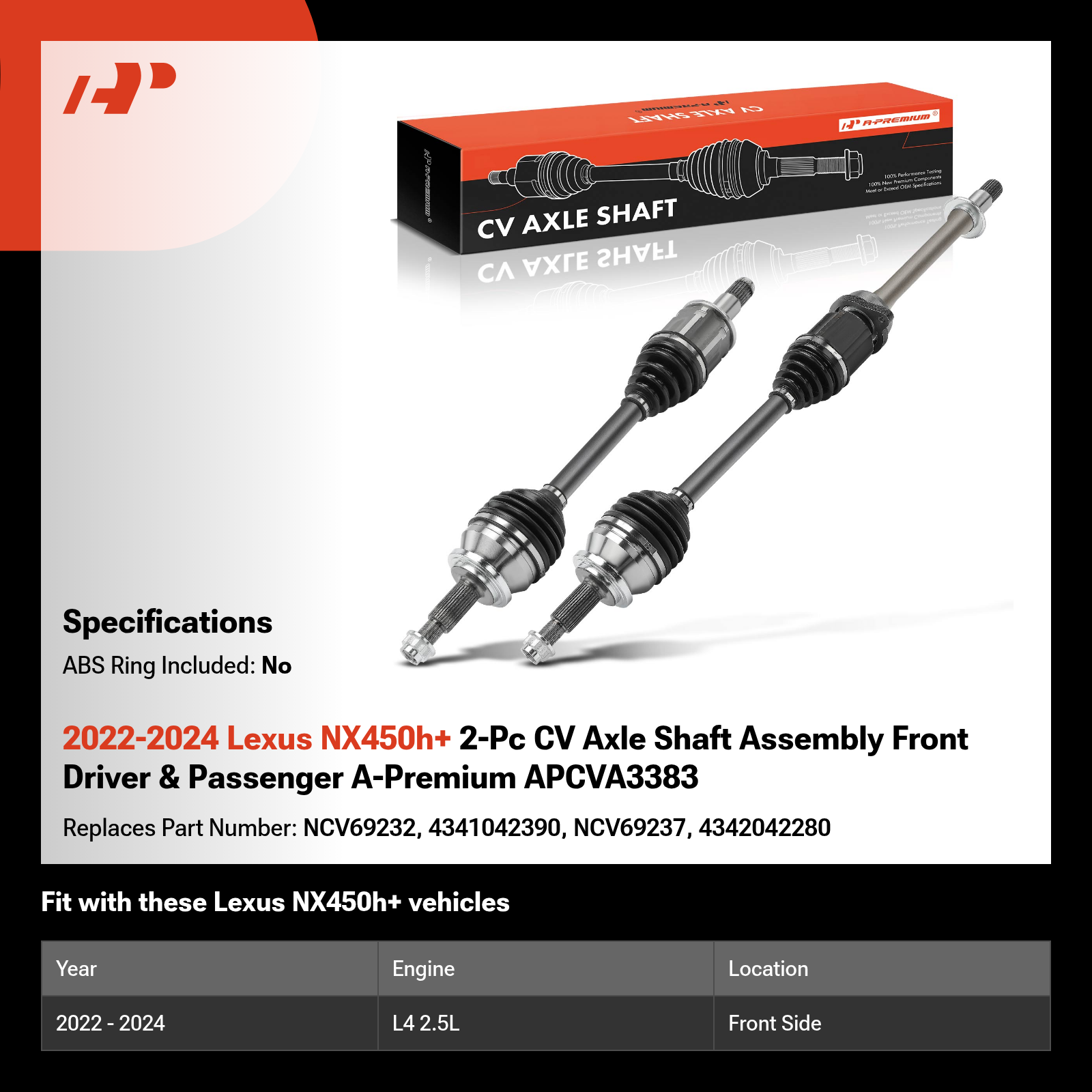 2022-2024 Lexus NX450h+ 2-Pc CV Axle Shaft Assembly Front Driver & Passenger A-Premium APCVA3383