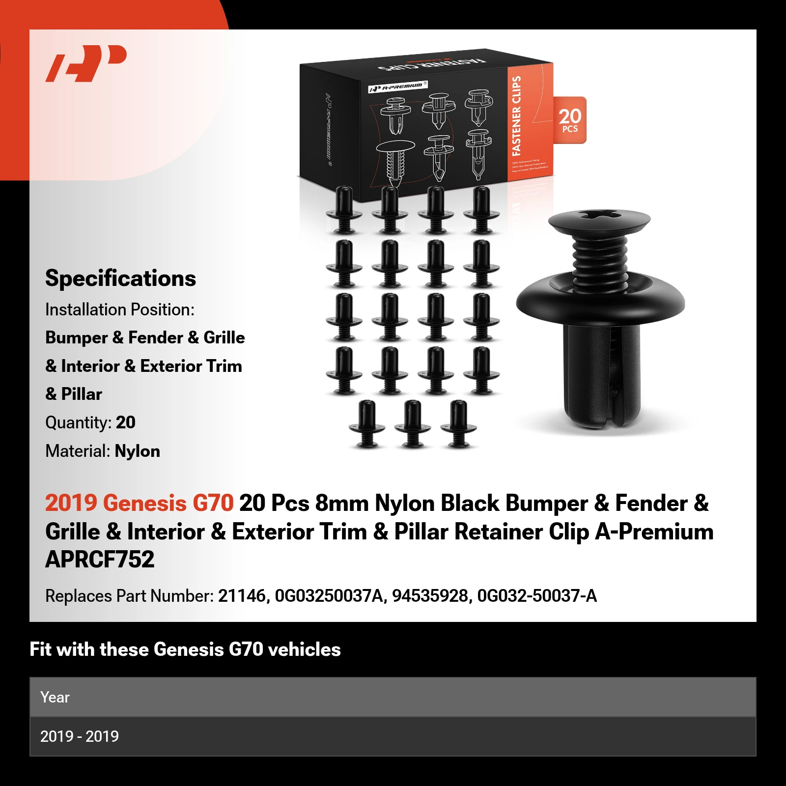 2019 Genesis G70 20 Pcs 8mm Nylon Black Bumper & Fender & Grille & Interior & Exterior Trim & Pillar Retainer Clip A-Premium APRCF752