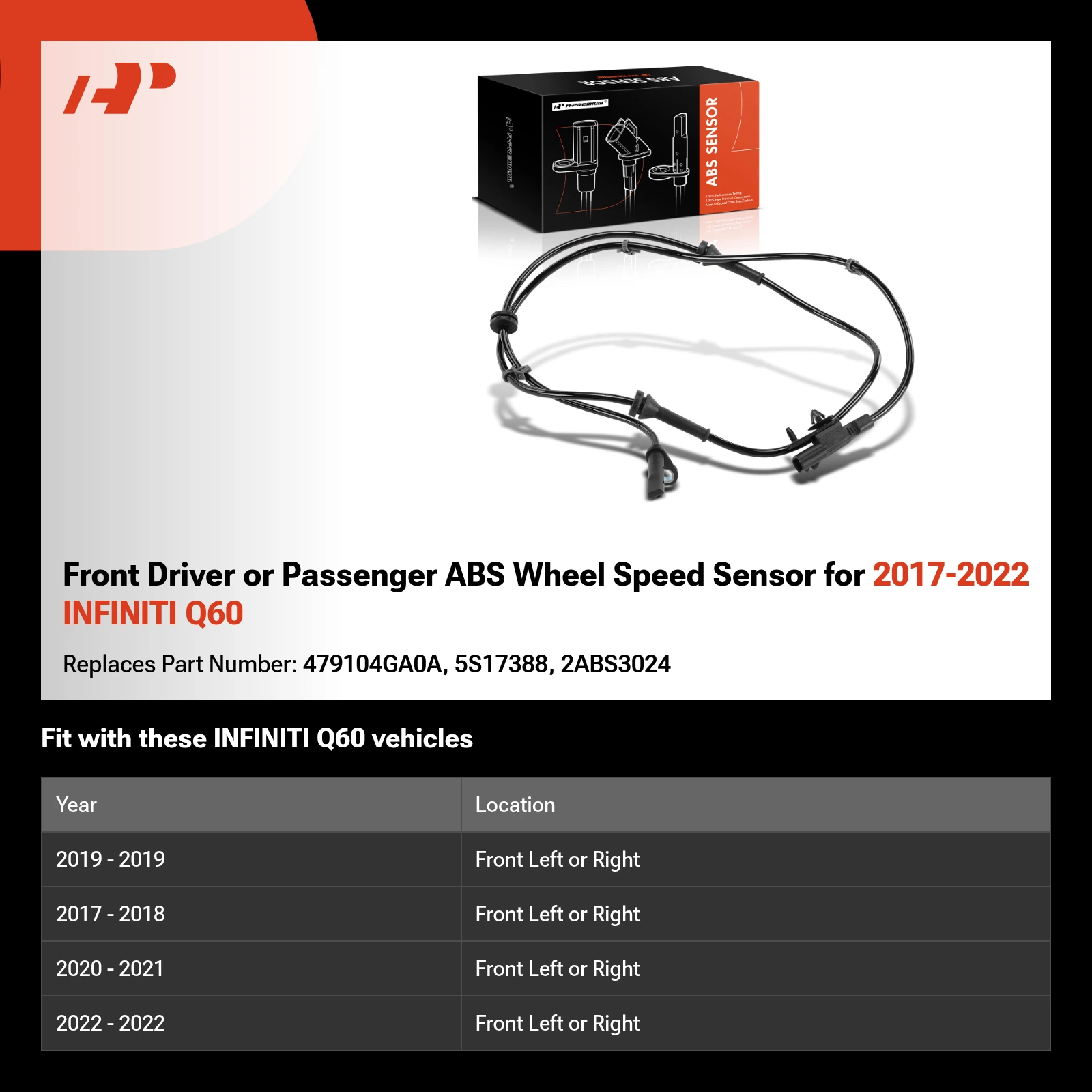 Front Driver or Passenger ABS Wheel Speed Sensor for 2017-2022 INFINITI Q60