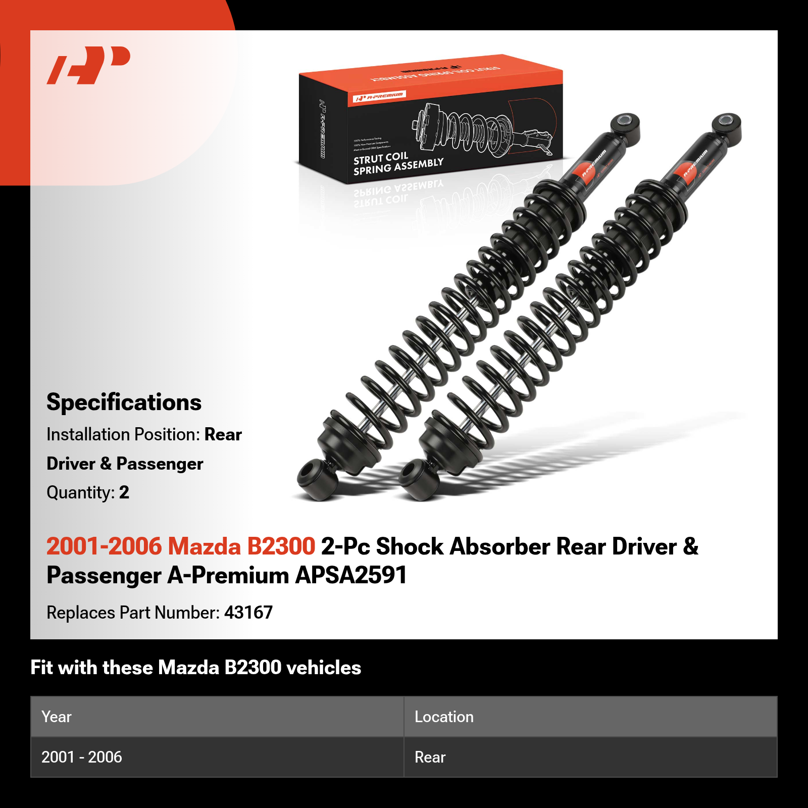 2001-2006 Mazda B2300 2-Pc Shock Absorber Rear Driver & Passenger A-Premium APSA2591