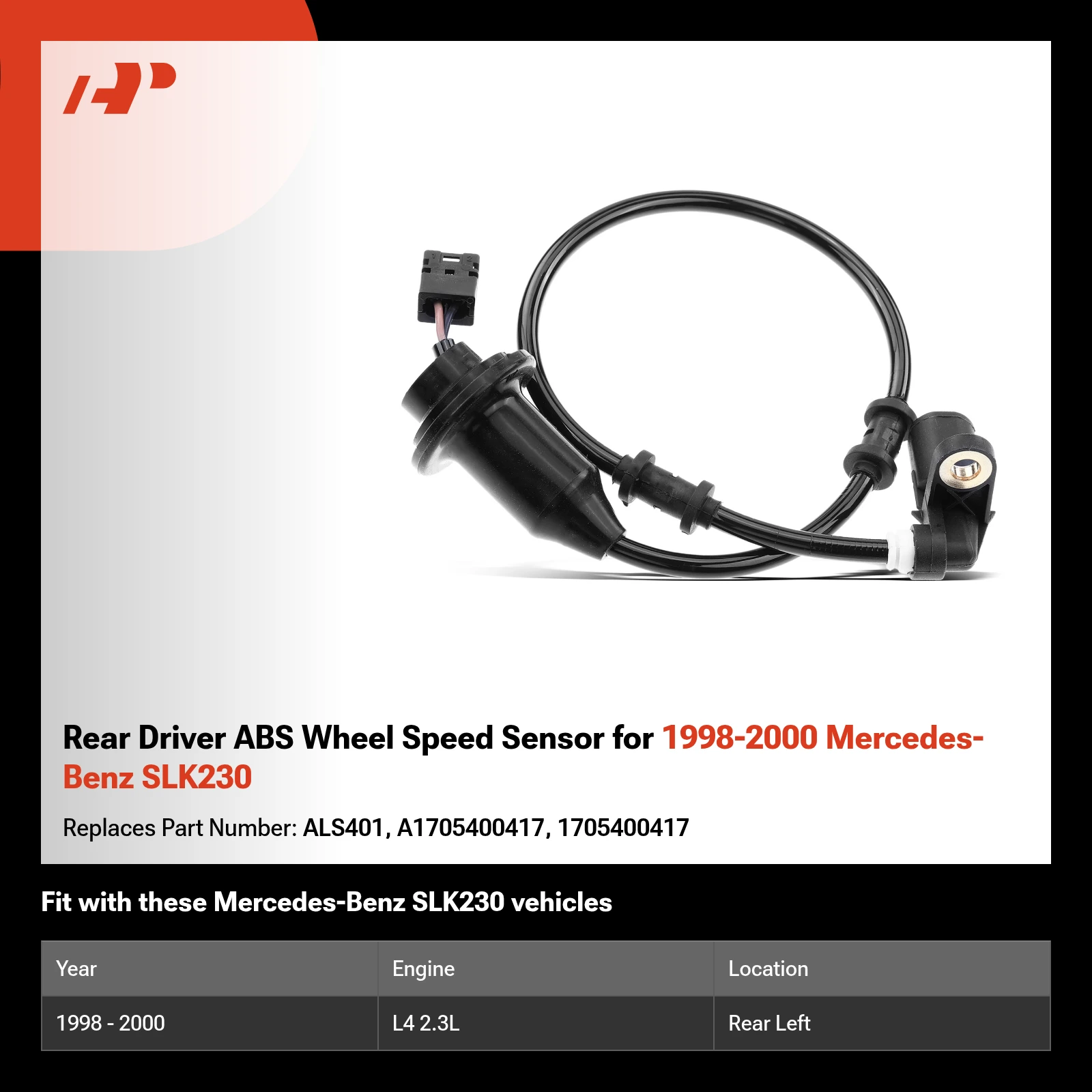Rear Driver ABS Wheel Speed Sensor for 1998-2000 Mercedes-Benz SLK230
