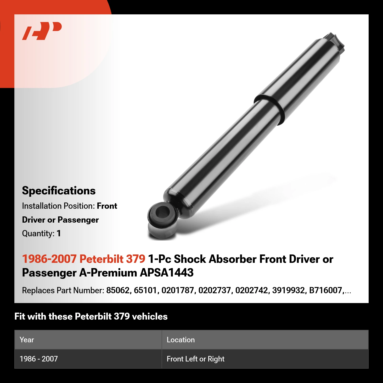 1986-2007 Peterbilt 379 1-Pc Shock Absorber Front Driver or Passenger A-Premium APSA1443
