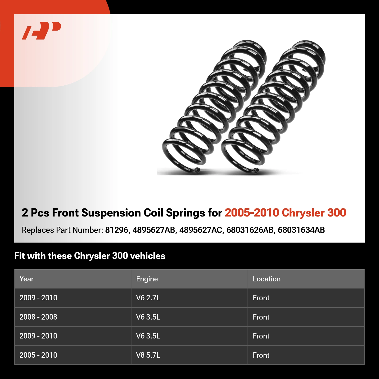 2 Pcs Front Suspension Coil Springs for 2005-2010 Chrysler 300