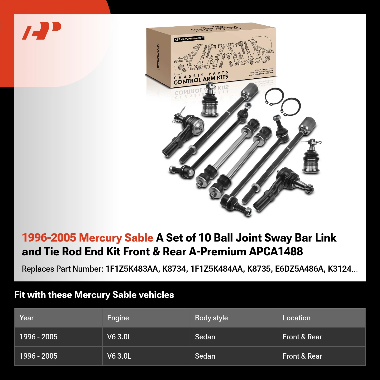 1996-2005 Mercury Sable A Set of 10 Ball Joint Sway Bar Link and Tie Rod End Kit Front & Rear A-Premium APCA1488