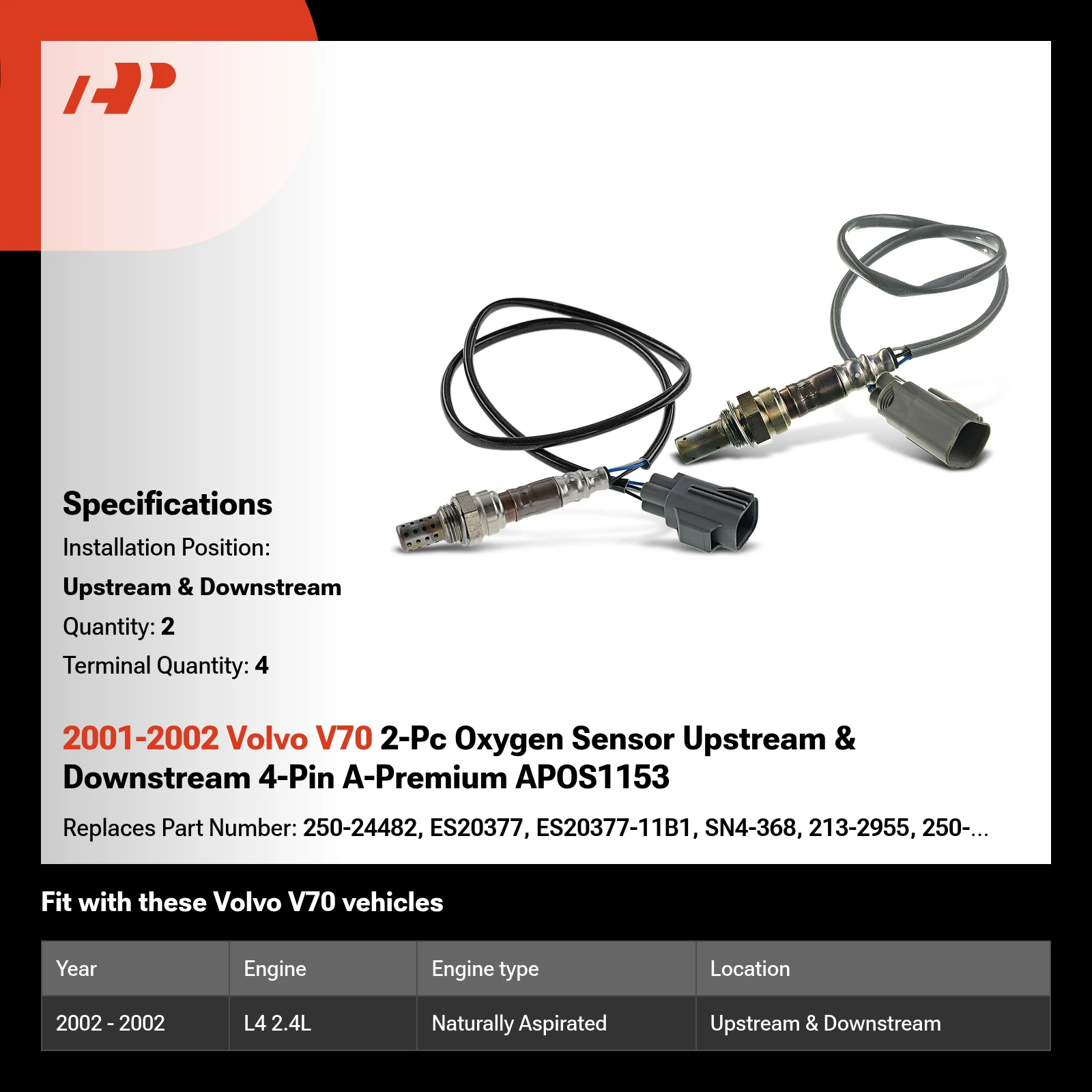 2001-2002 Volvo V70 2-Pc Oxygen Sensor Upstream & Downstream 4-Pin A-Premium APOS1153