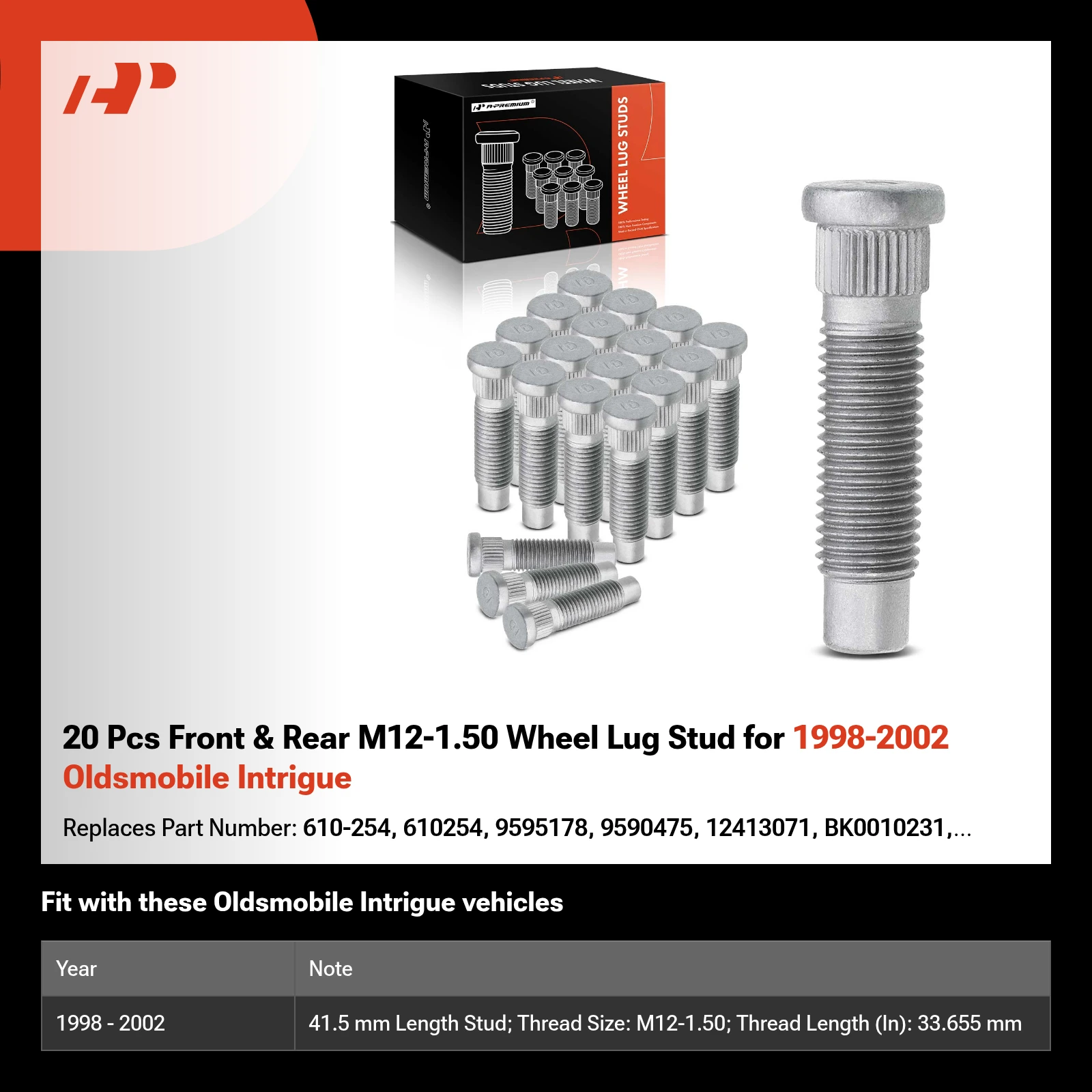 20 Pcs Front & Rear M12-1.50 Wheel Lug Stud for 1998-2002 Oldsmobile Intrigue