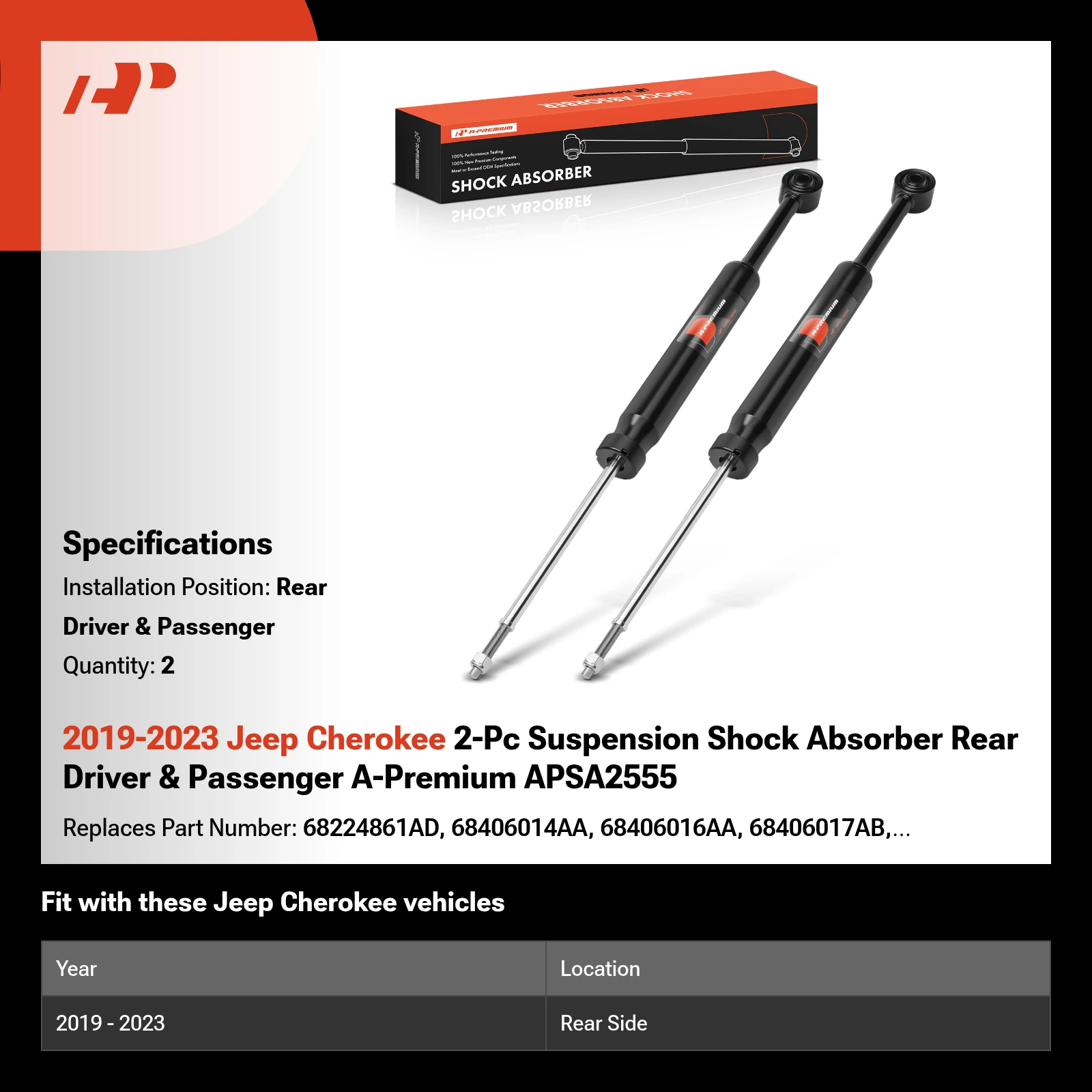 2019-2023 Jeep Cherokee 2-Pc Suspension Shock Absorber Rear Driver & Passenger A-Premium APSA2555