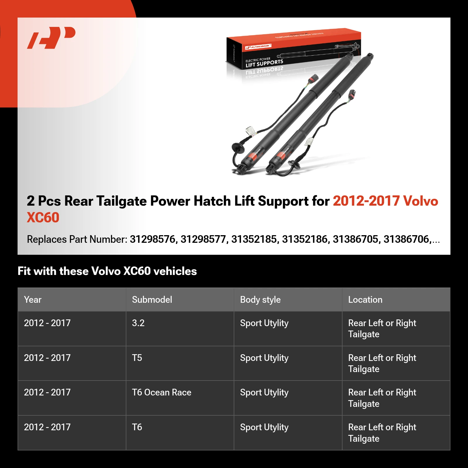 2 Pcs Rear Tailgate Power Hatch Lift Support for 2012-2017 Volvo XC60