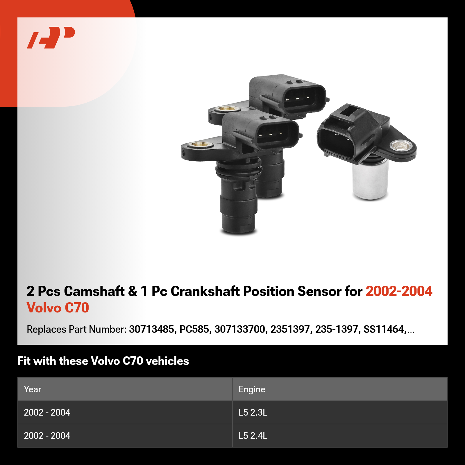 2 Pcs Camshaft & 1 Pc Crankshaft Position Sensor for 2002-2004 Volvo C70