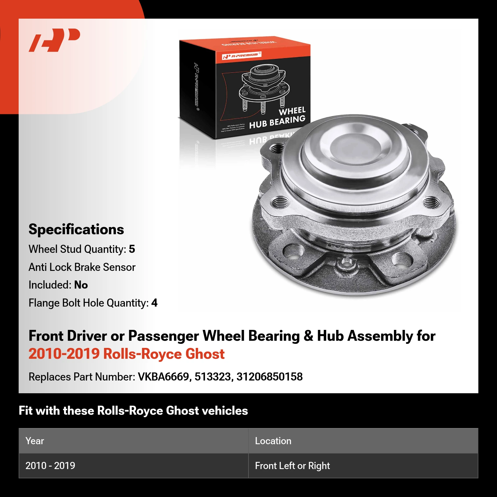 Front Driver or Passenger Wheel Bearing & Hub Assembly for 2010-2019 Rolls-Royce Ghost