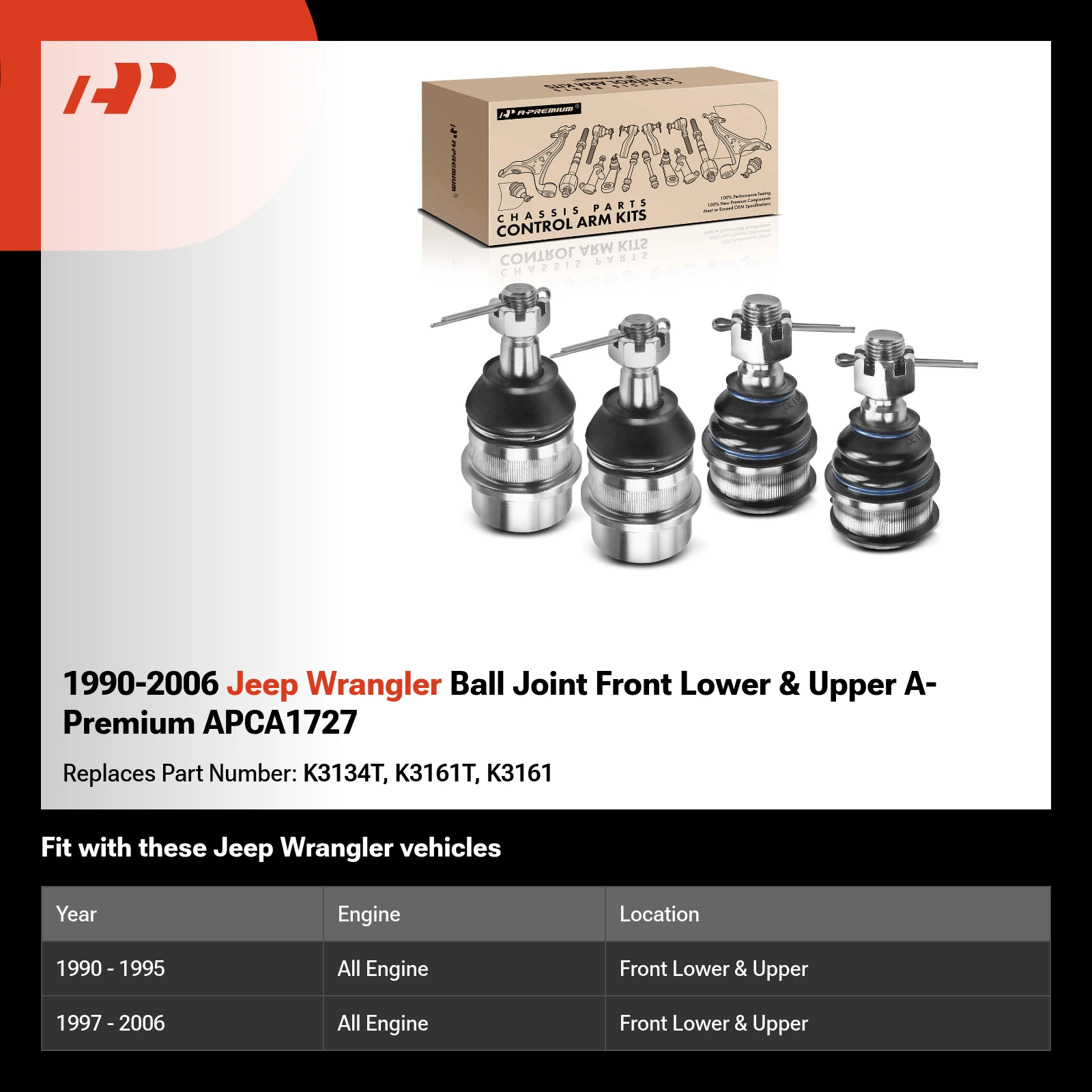 1990-2006 Jeep Wrangler Ball Joint Front Lower & Upper A-Premium APCA1727