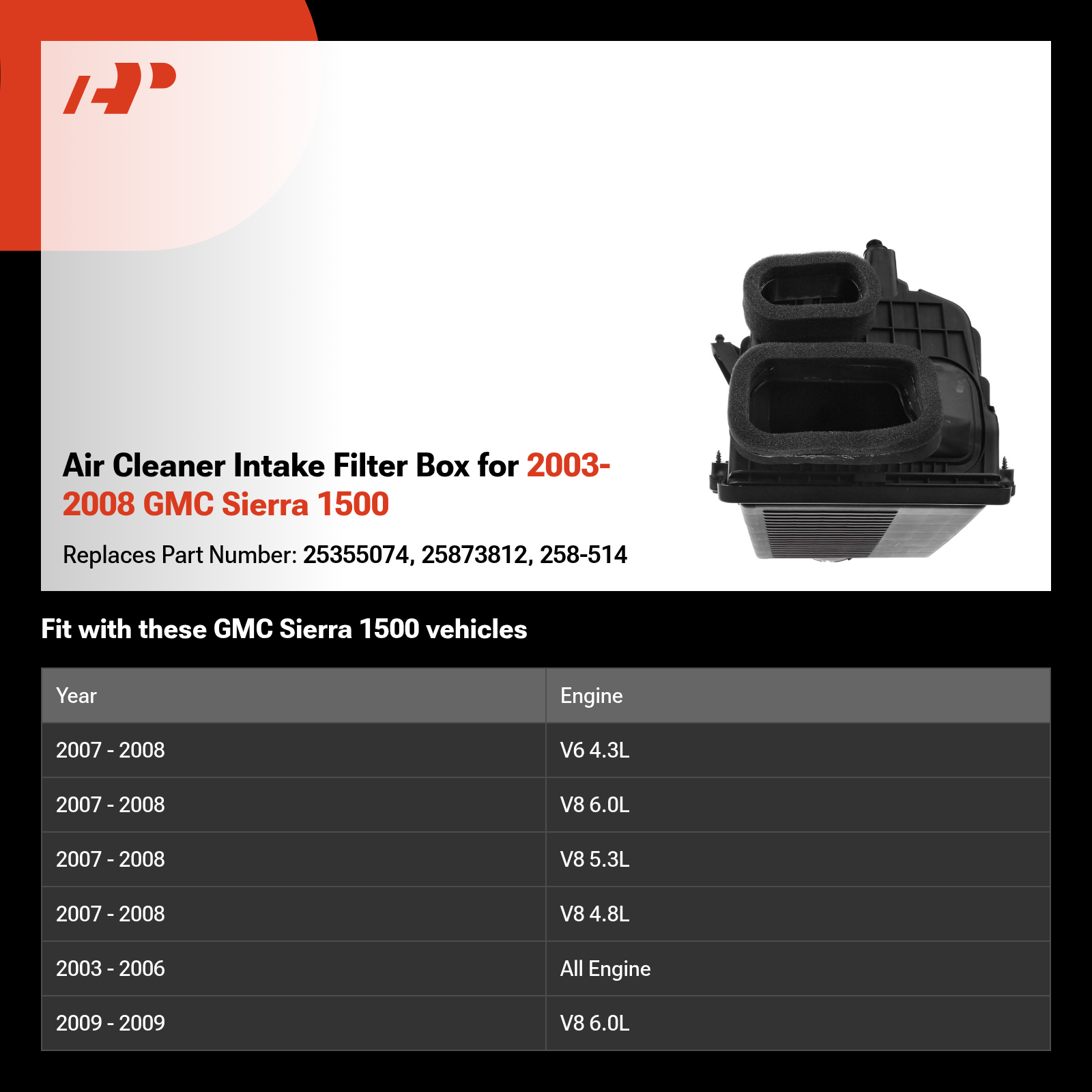 Air Cleaner Intake Filter Box for 2003-2008 GMC Sierra 1500