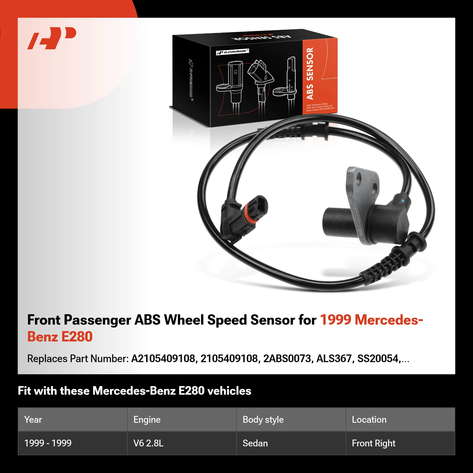 Front Passenger ABS Wheel Speed Sensor for 1999 Mercedes-Benz E280