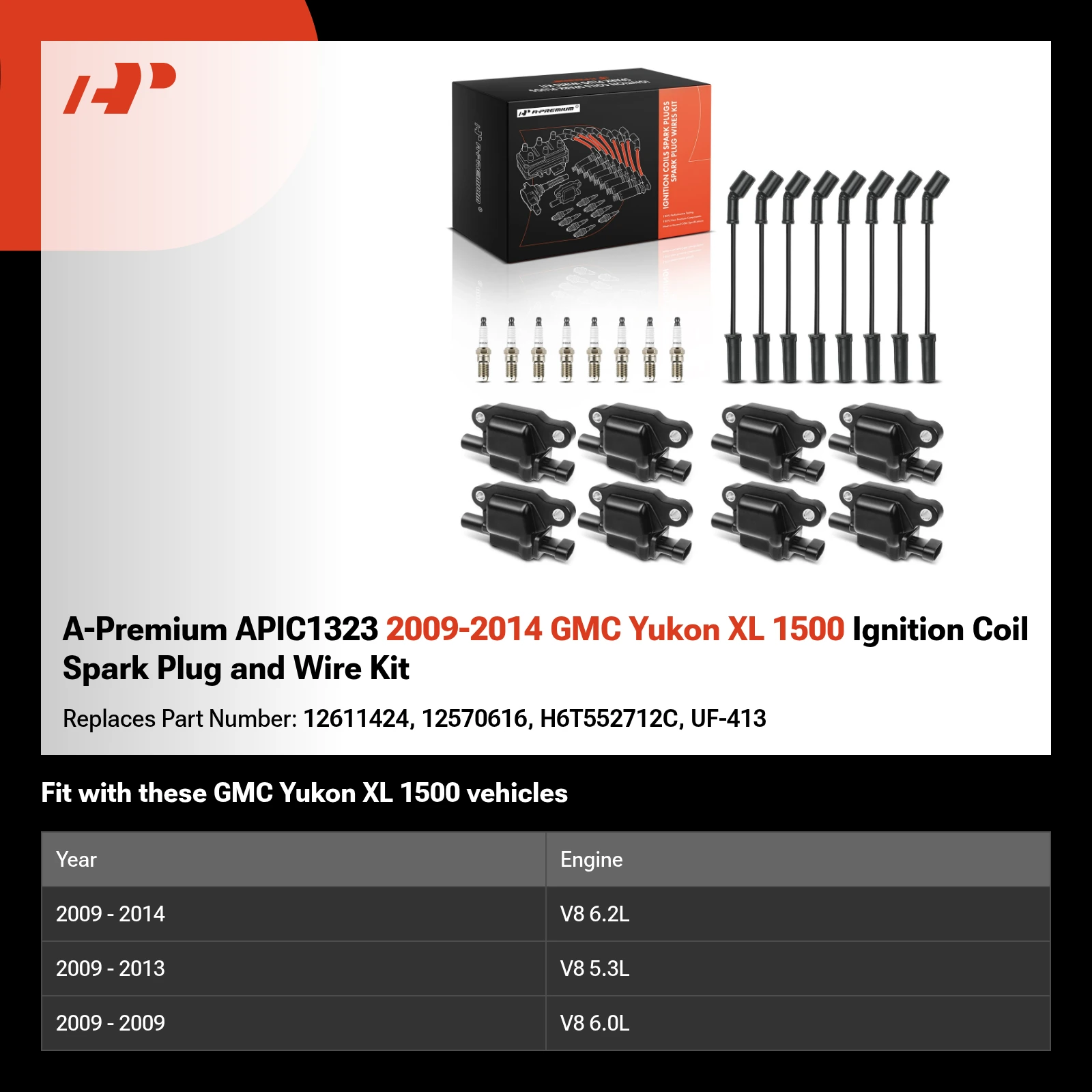A-Premium APIC1323 2009-2014 GMC Yukon XL 1500 Ignition Coil Spark Plug and Wire Kit