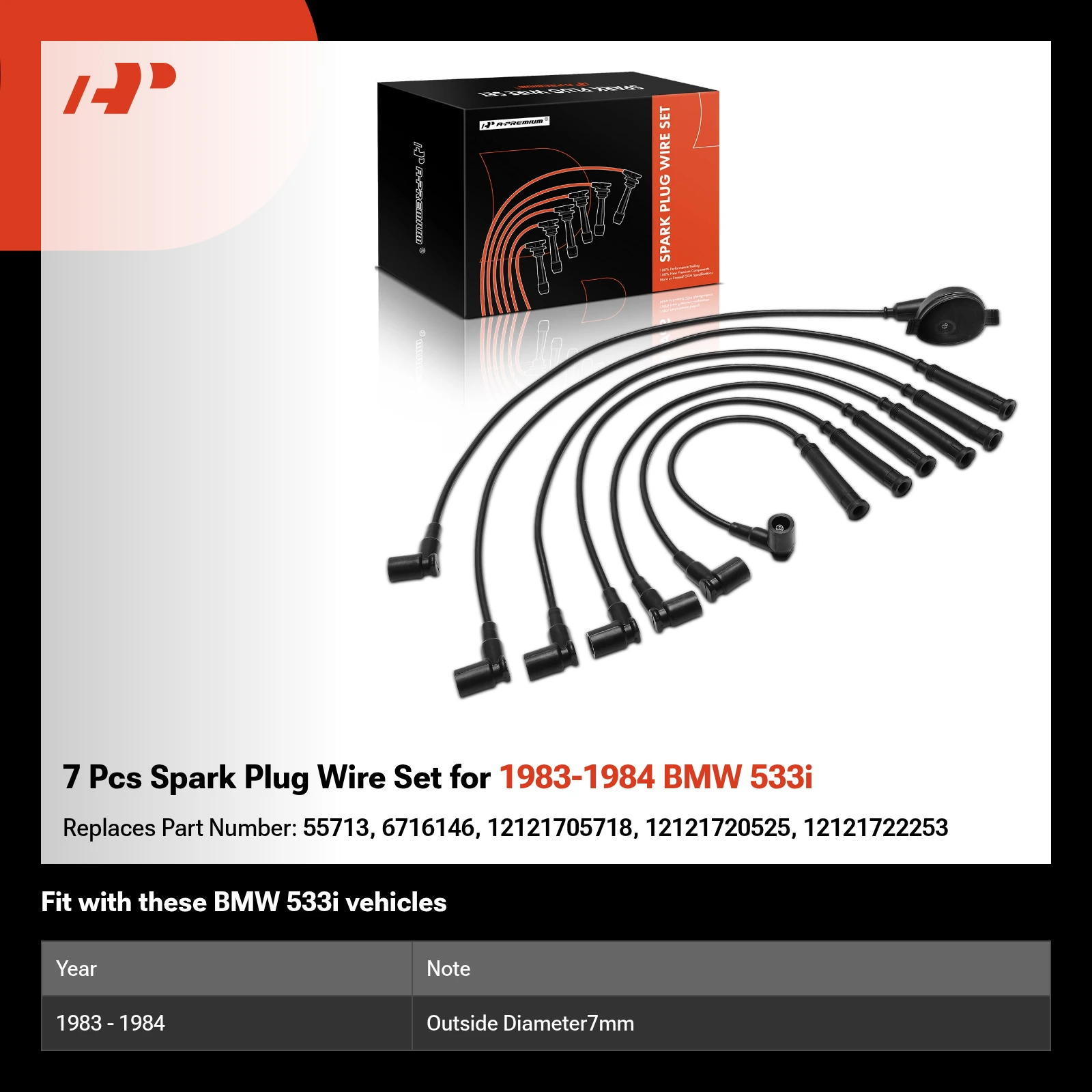 7 Pcs Spark Plug Wire Set for 1983-1984 BMW 533i