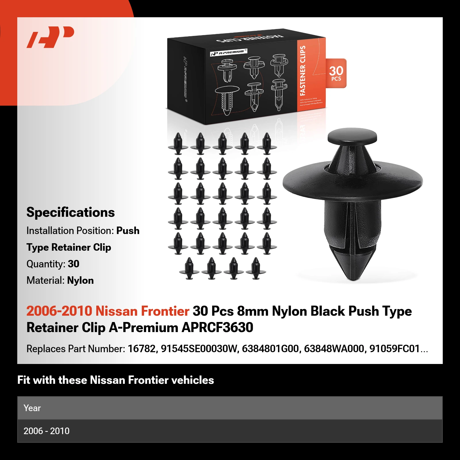 2006-2010 Nissan Frontier 30 Pcs 8mm Nylon Black Push Type Retainer Clip A-Premium APRCF3630