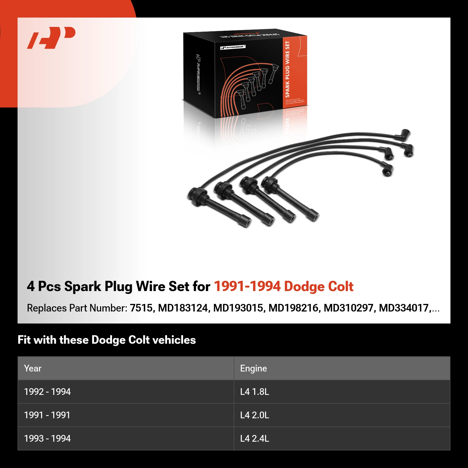 4 Pcs Spark Plug Wire Set for 1991-1994 Dodge Colt