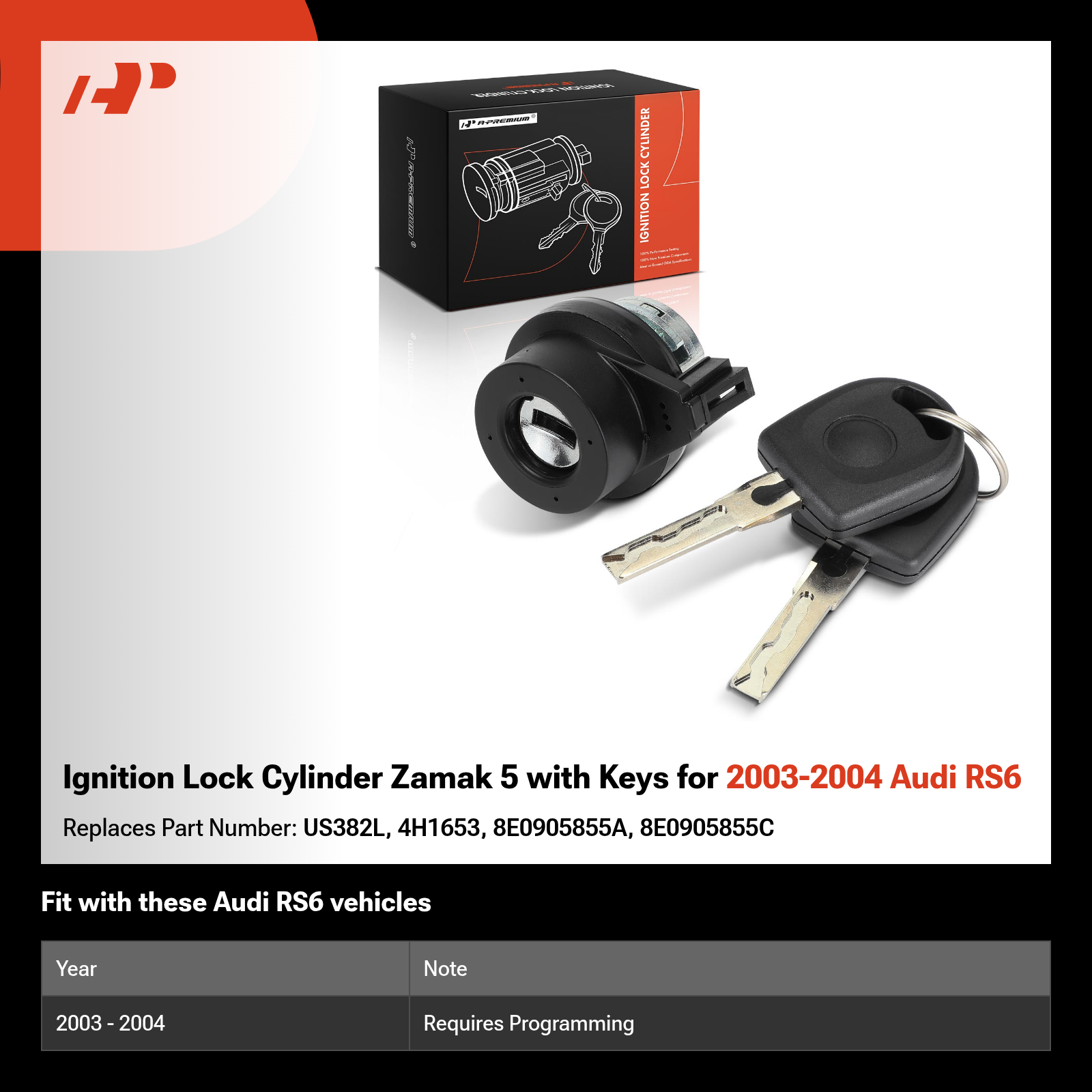 Ignition Lock Cylinder Zamak 5 with Keys for 2003-2004 Audi RS6
