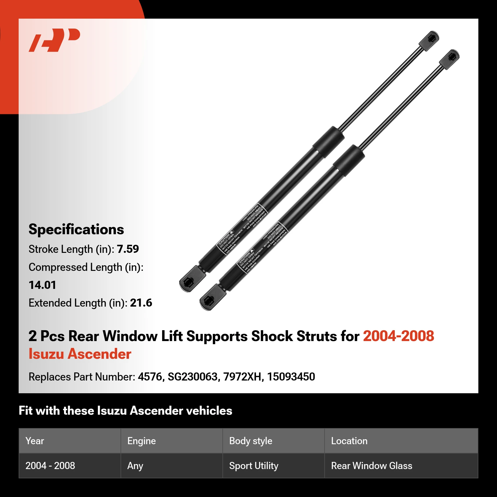 2 Pcs Rear Window Lift Supports Shock Struts for 2004-2008 Isuzu Ascender