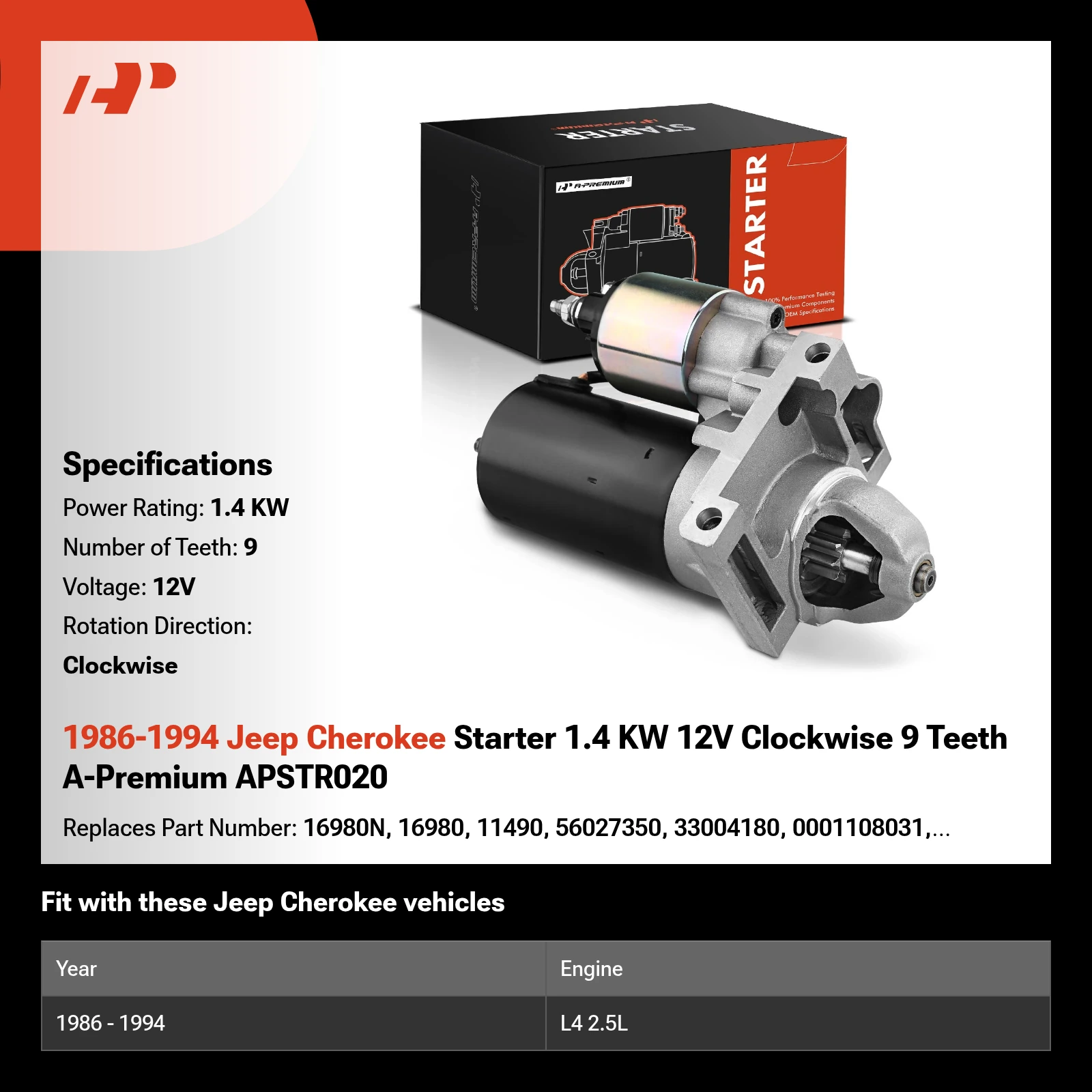 1986-1994 Jeep Cherokee Starter 1.4 KW 12V Clockwise 9 Teeth A-Premium APSTR020