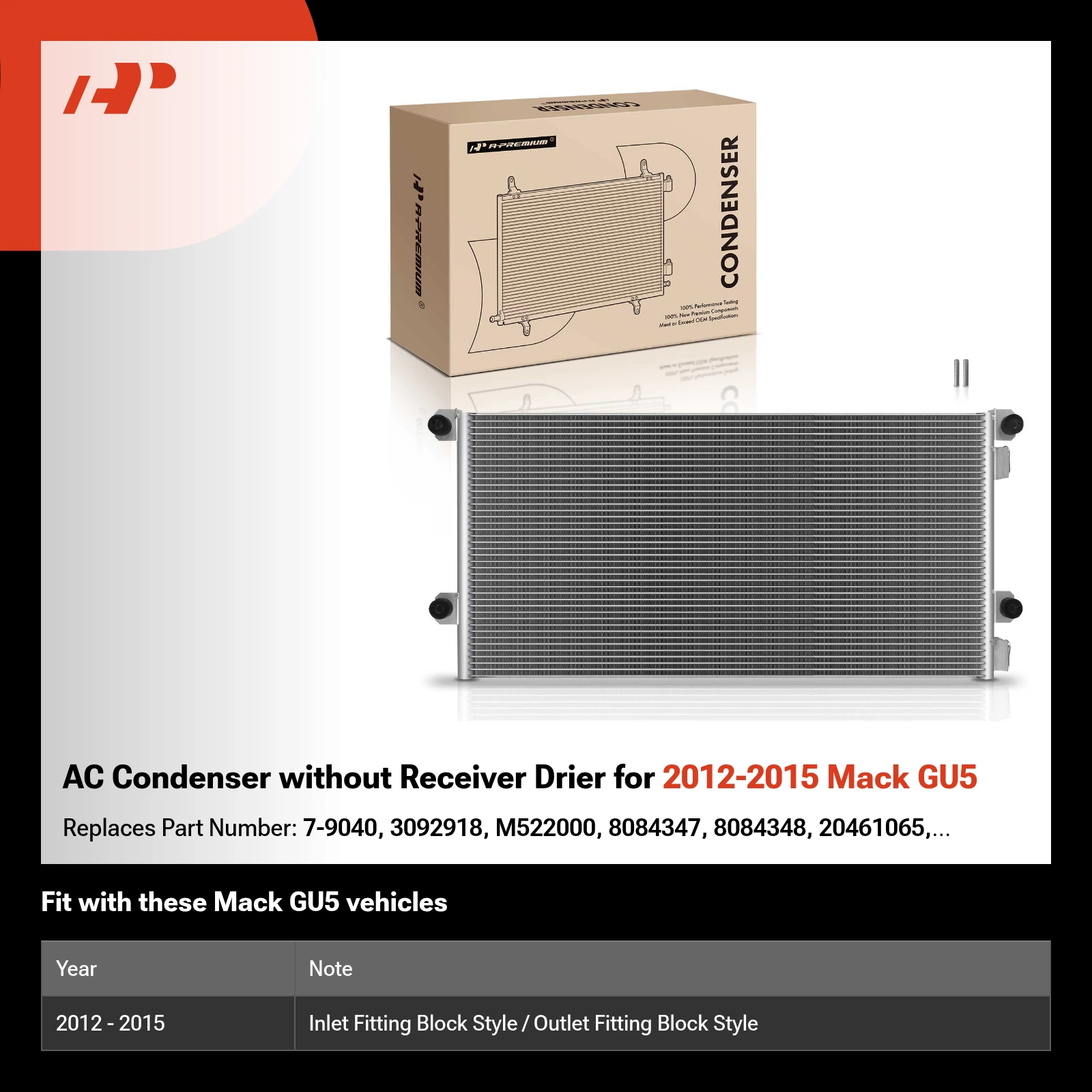 AC Condenser without Receiver Drier for 2012-2015 Mack GU5