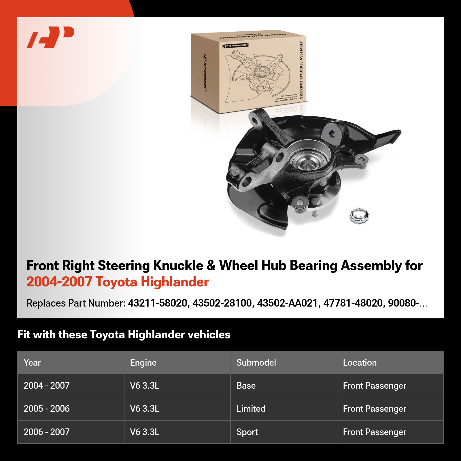 Front Right Steering Knuckle & Wheel Hub Bearing Assembly for 2004-2007 Toyota Highlander