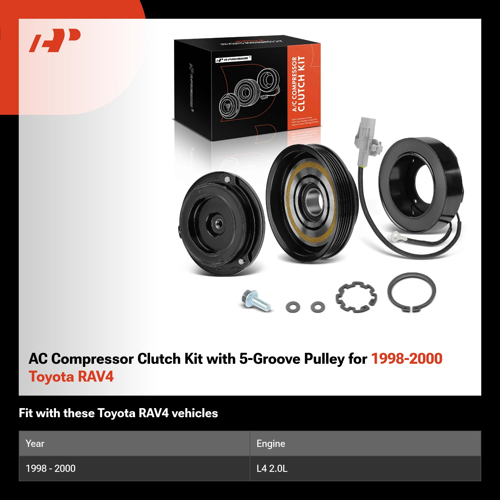 AC Compressor Clutch Kit with 5-Groove Pulley for 1998-2000 Toyota RAV4