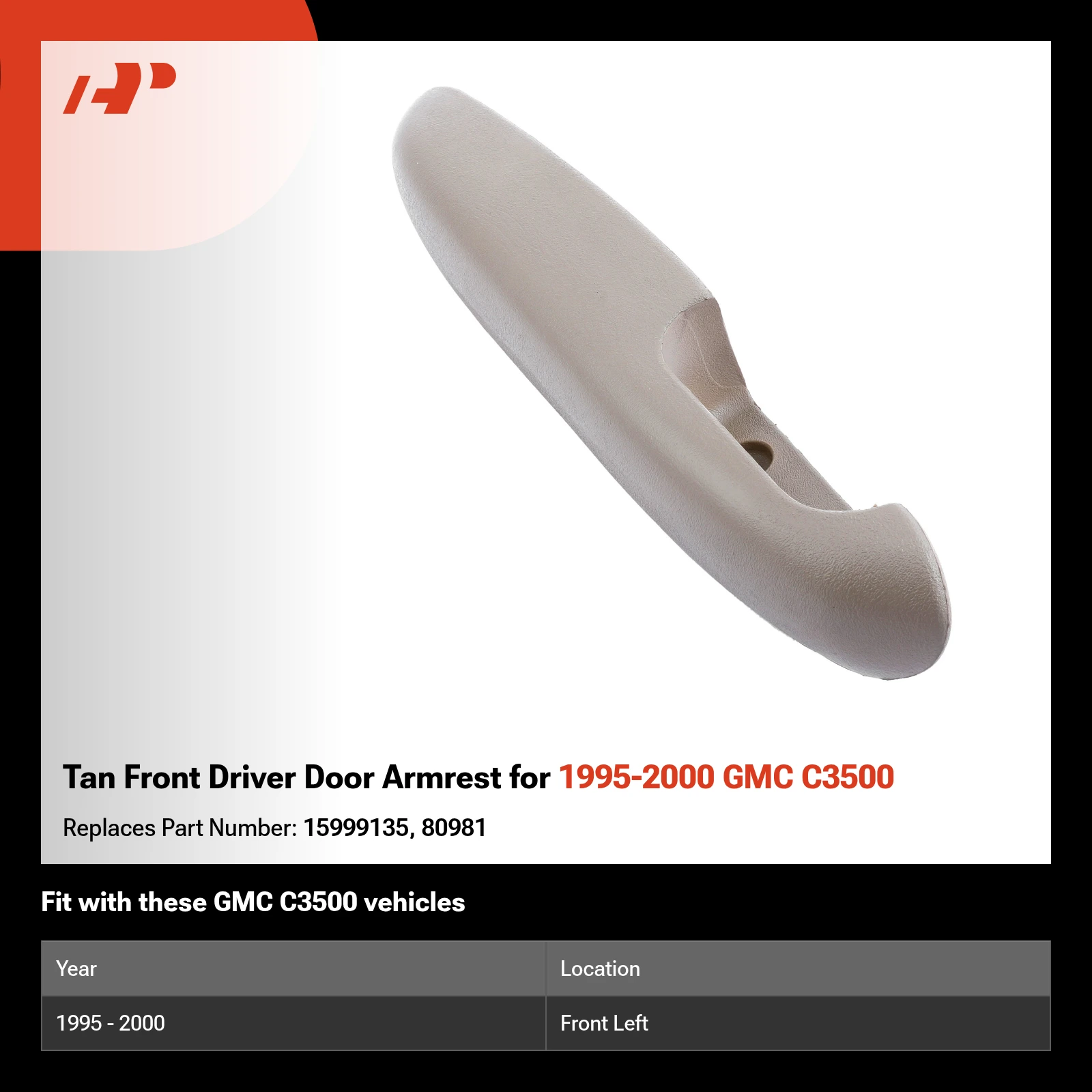 Tan Front Driver Door Armrest for 1995-2000 GMC C3500