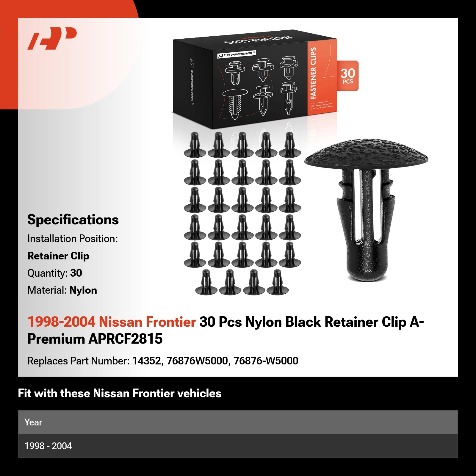 1998-2004 Nissan Frontier 30 Pcs Nylon Black Retainer Clip A-Premium APRCF2815