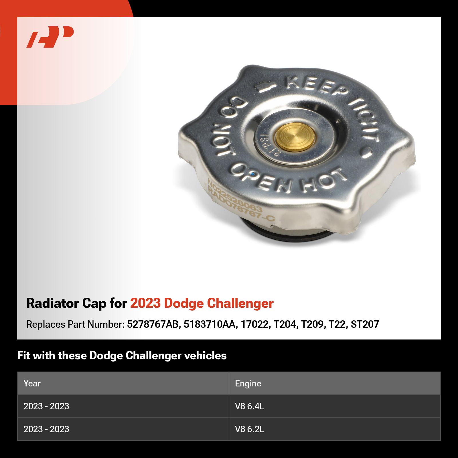 Radiator Cap for 2023 Dodge Challenger