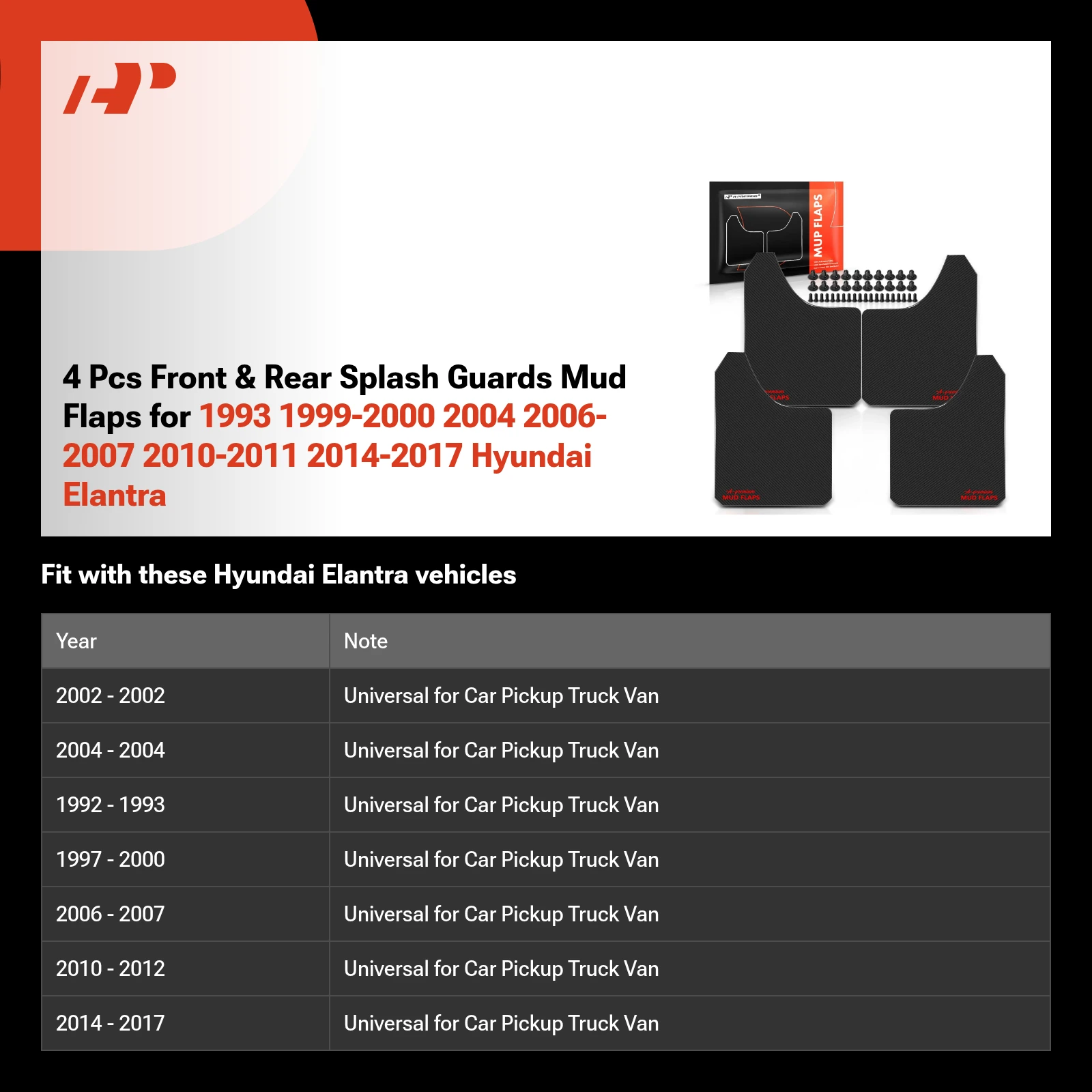 4 Pcs Front & Rear Splash Guards Mud Flaps for 1993 1999-2000 2004 2006-2007 2010-2011 2014-2017 Hyundai Elantra