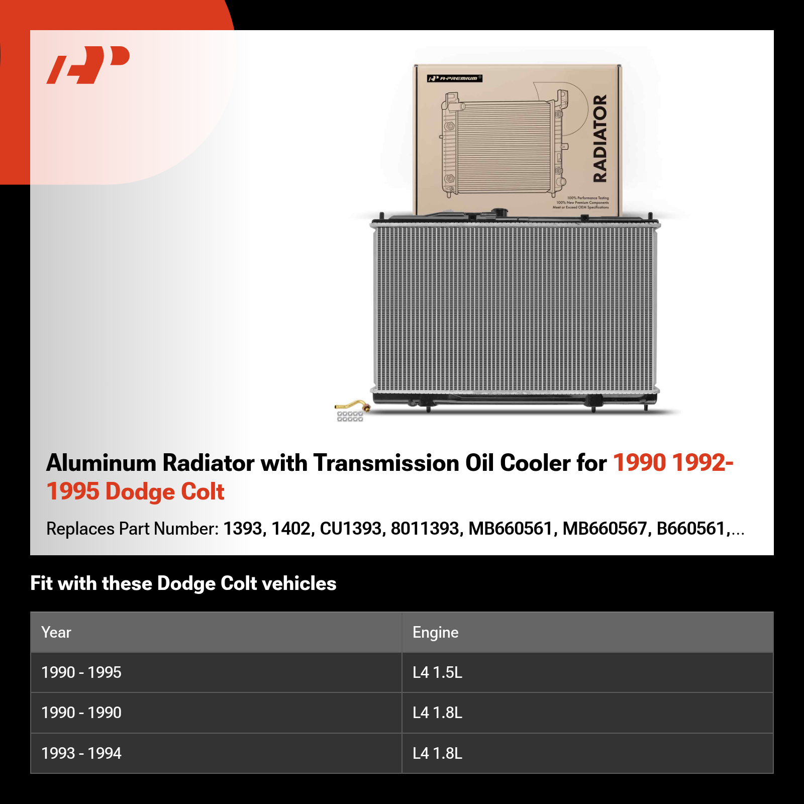 Aluminum Radiator with Transmission Oil Cooler for 1990 1992-1995 Dodge Colt