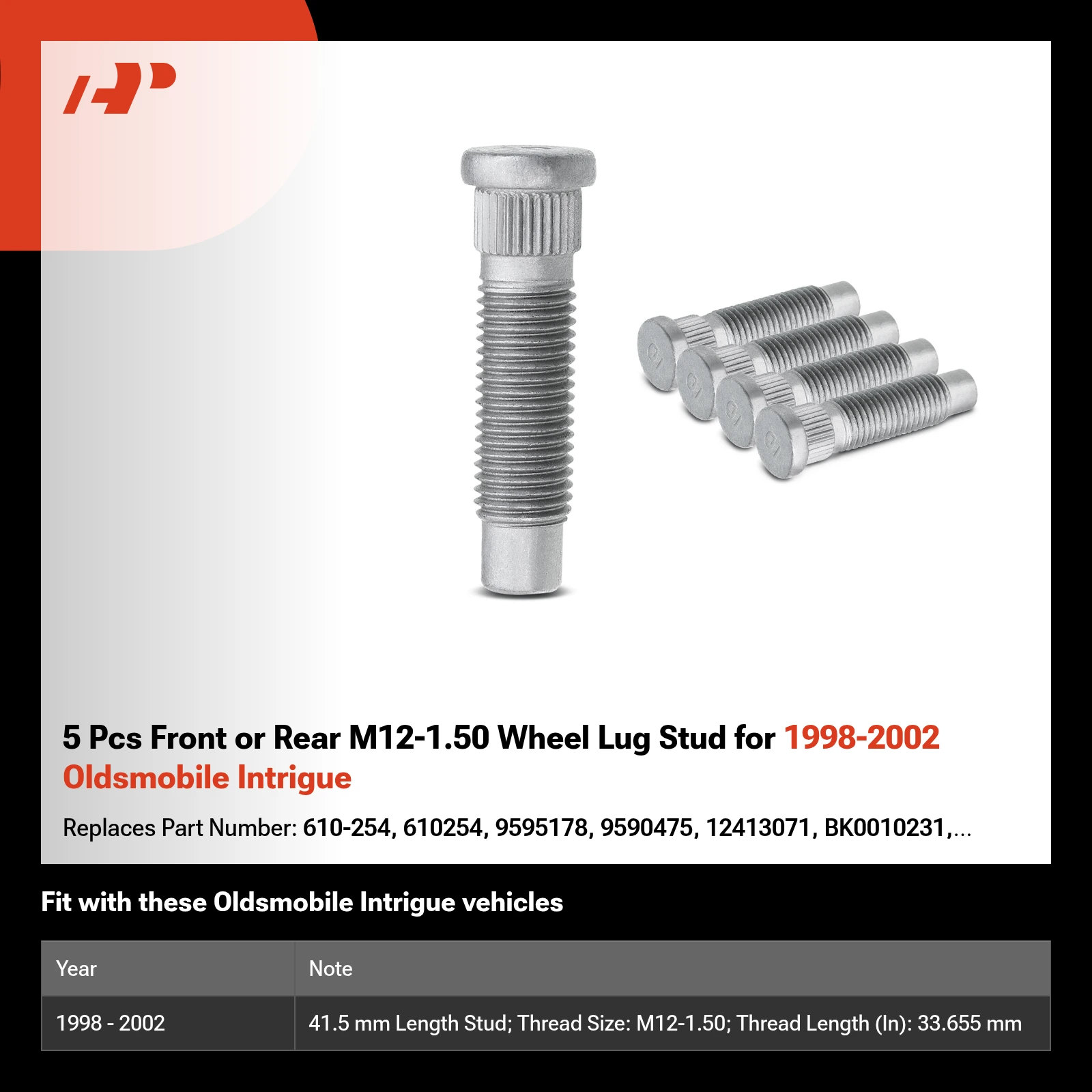 5 Pcs Front or Rear M12-1.50 Wheel Lug Stud for 1998-2002 Oldsmobile Intrigue