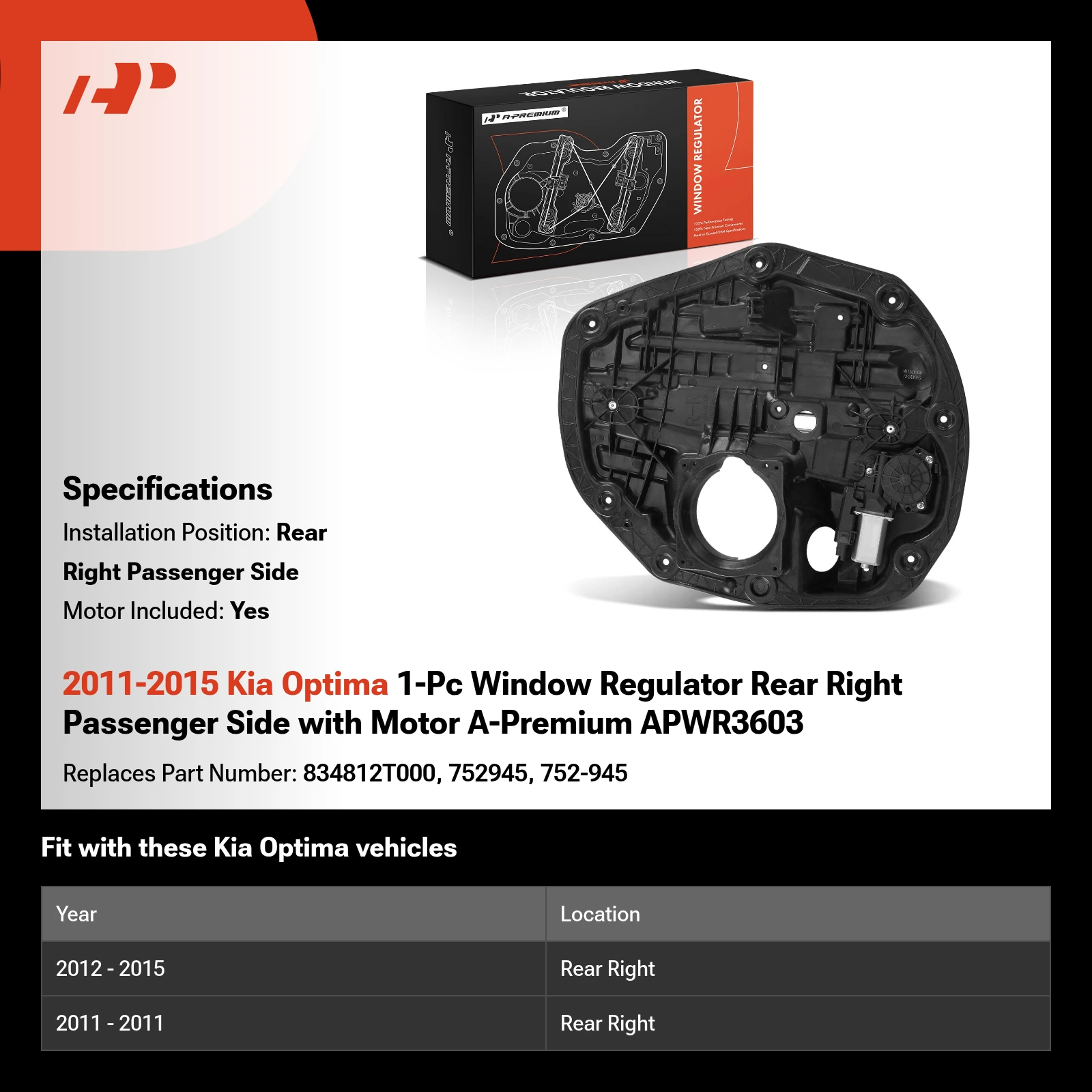 2011-2015 Kia Optima 1-Pc Window Regulator Rear Right Passenger Side with Motor A-Premium APWR3603