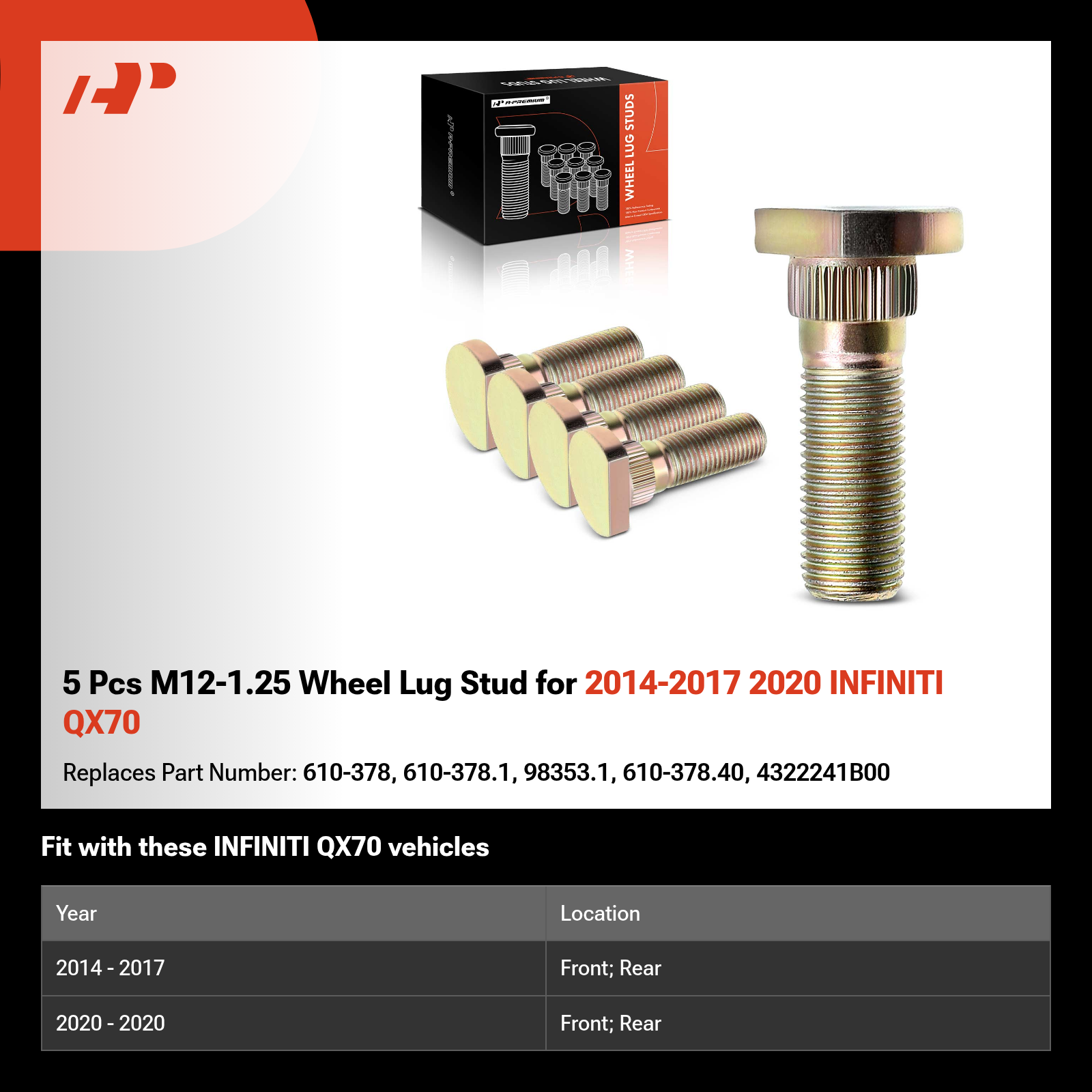 5 Pcs M12-1.25 Wheel Lug Stud for 2014-2017 2020 INFINITI QX70