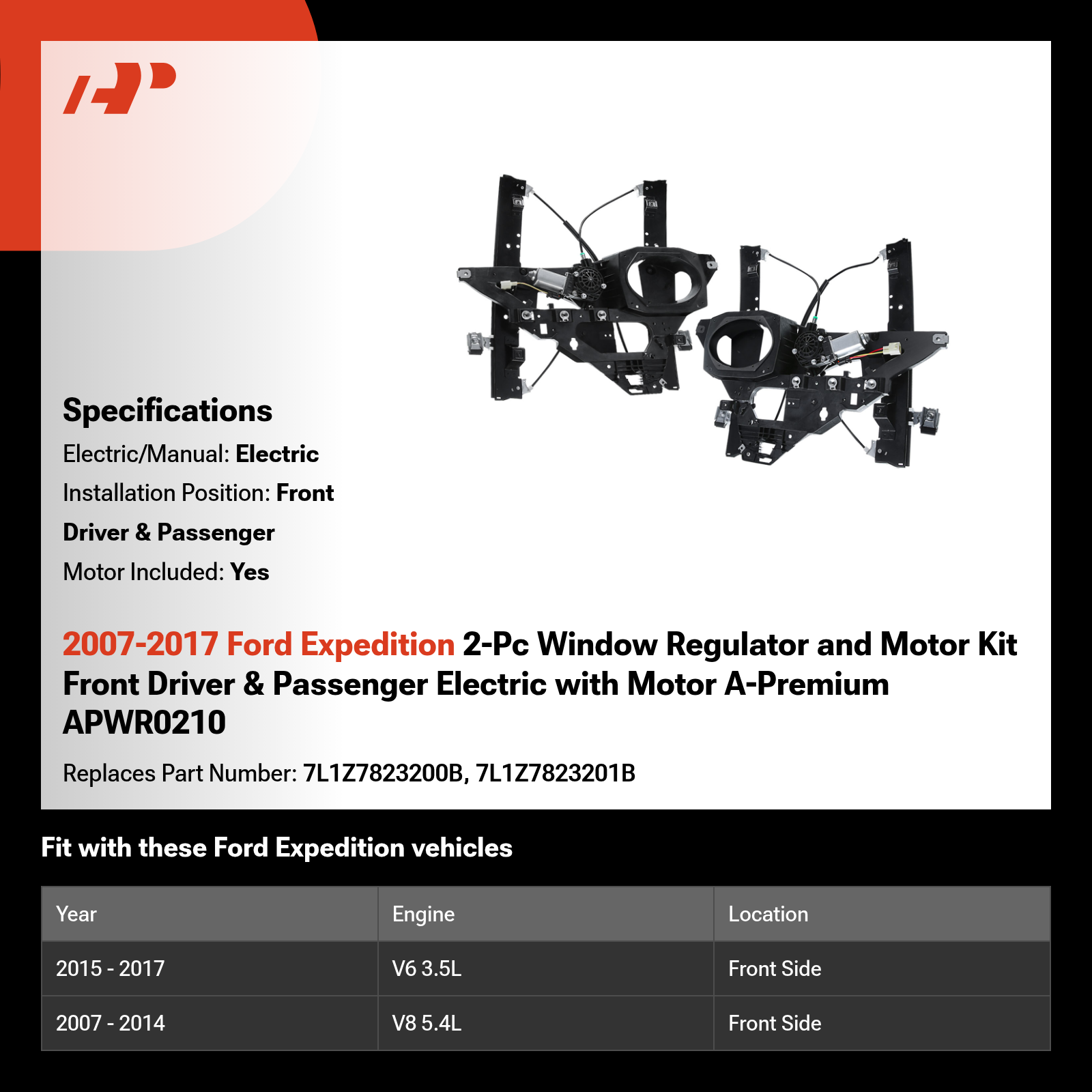 2007-2017 Ford Expedition 2-Pc Window Regulator and Motor Kit Front Driver & Passenger Electric with Motor A-Premium APWR0210