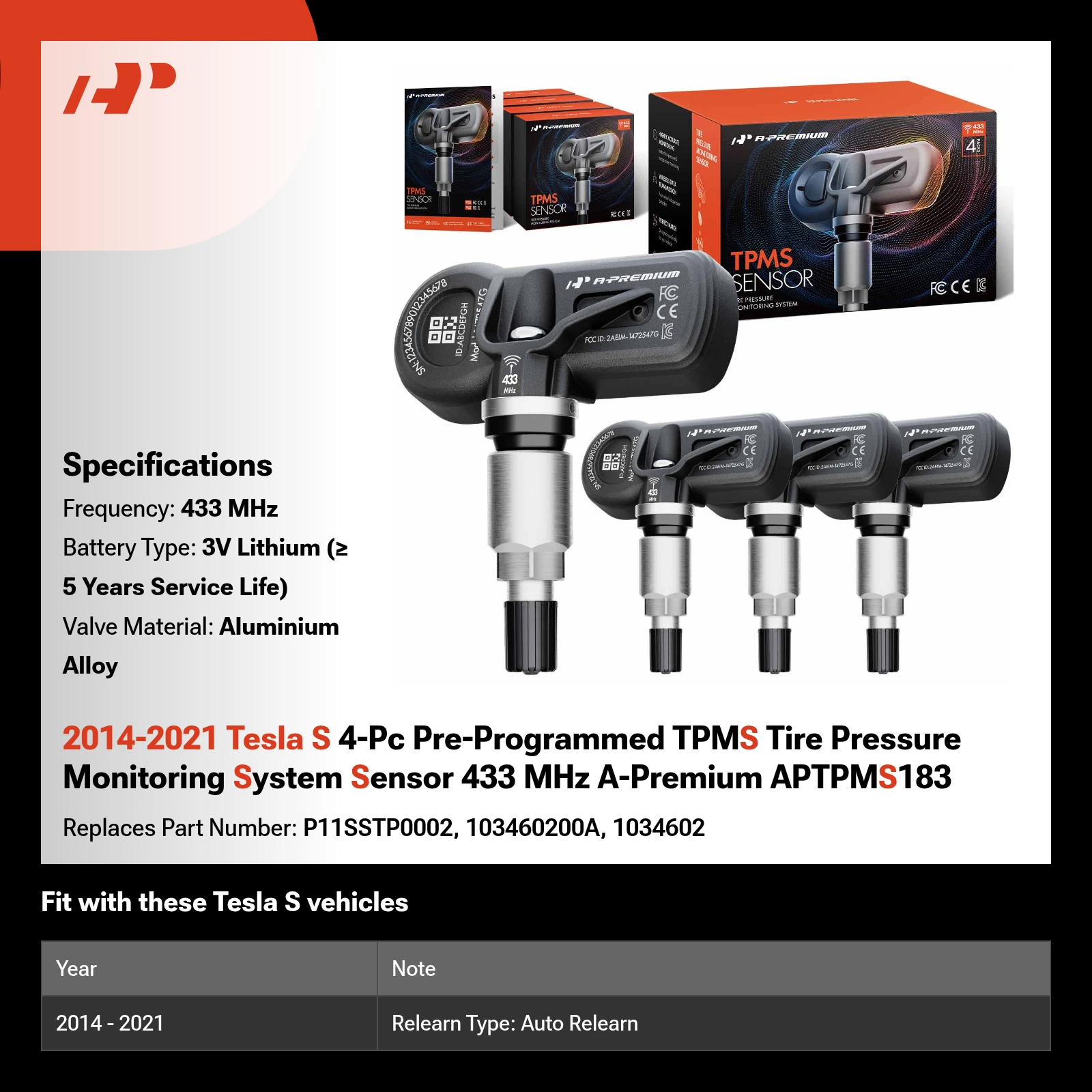2014-2021 Tesla S 4-Pc Pre-Programmed TPMS Tire Pressure Monitoring System Sensor 433 MHz A-Premium APTPMS183