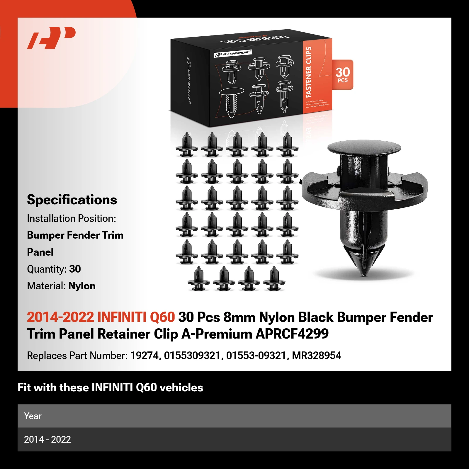 2014-2022 INFINITI Q60 30 Pcs 8mm Nylon Black Bumper Fender Trim Panel Retainer Clip A-Premium APRCF4299